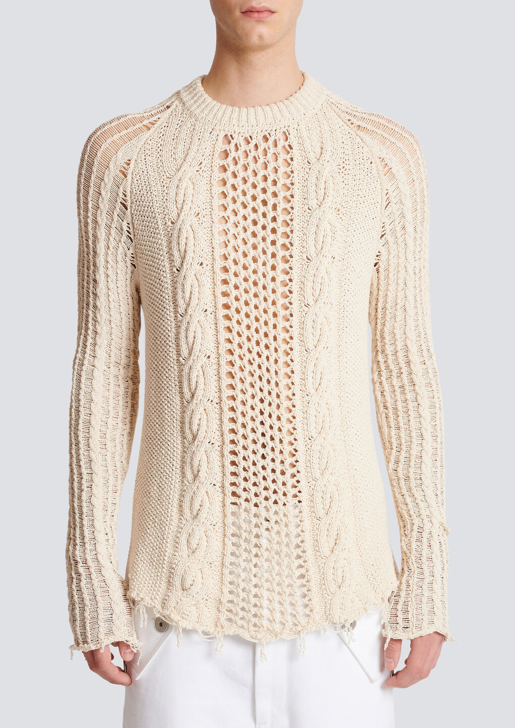 Balmain Distressed Cable-knit Jumper In White