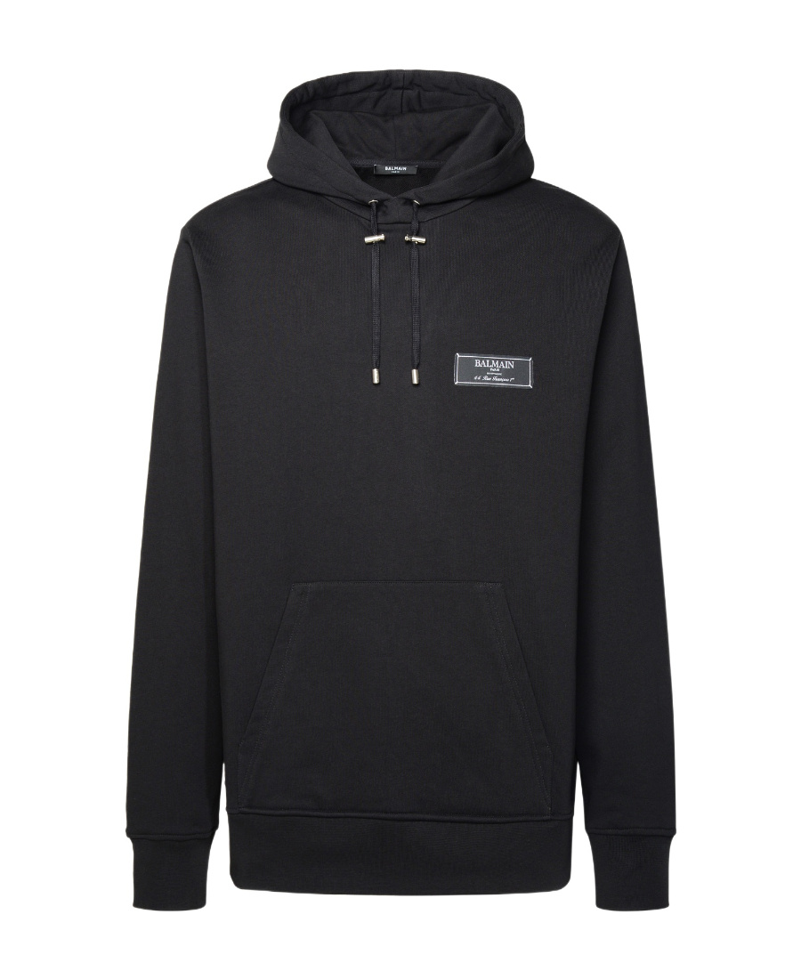 Balmain Logo Patch Drawstring Hoodie In Black