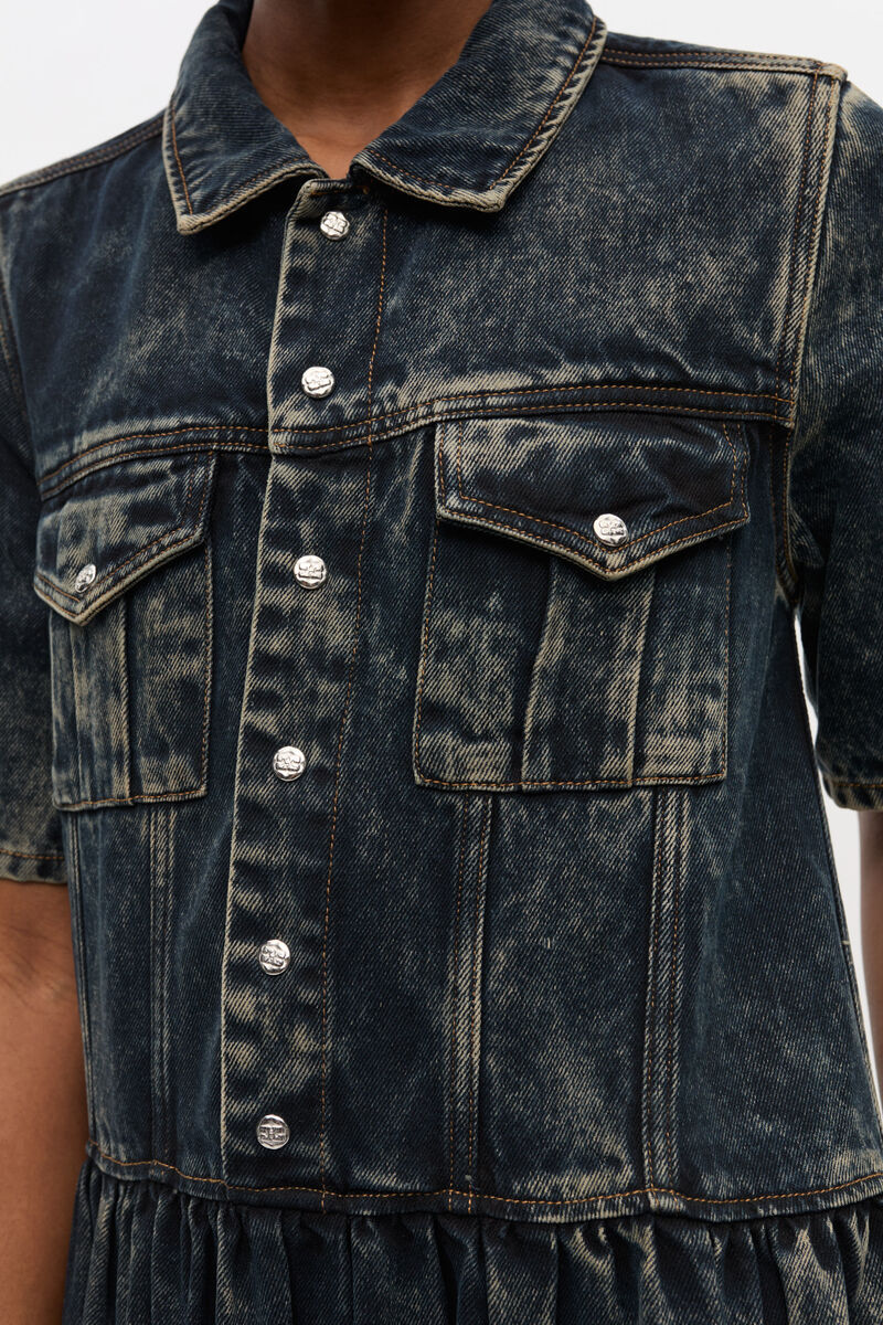 Ganni Light Denim Long Dress Black Washed In Black
