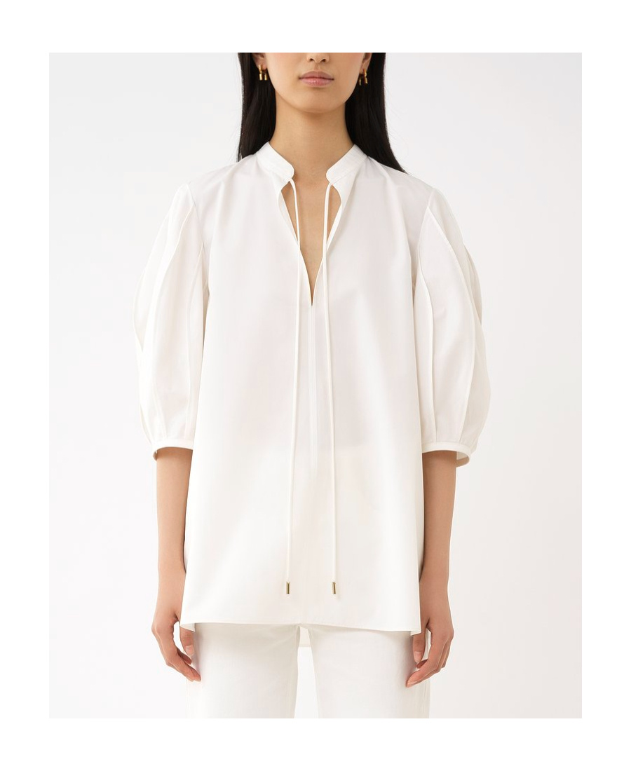 Chloé Cotton Keyhole Puff Sleeve Tie Neck Top In White