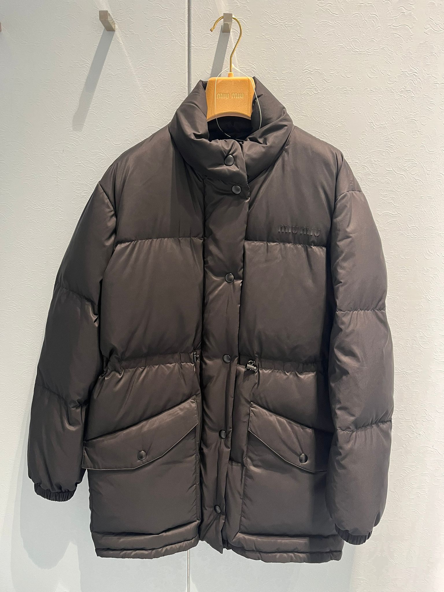 Miu Miu Technical Pongé Down Long Jacket In Gray
