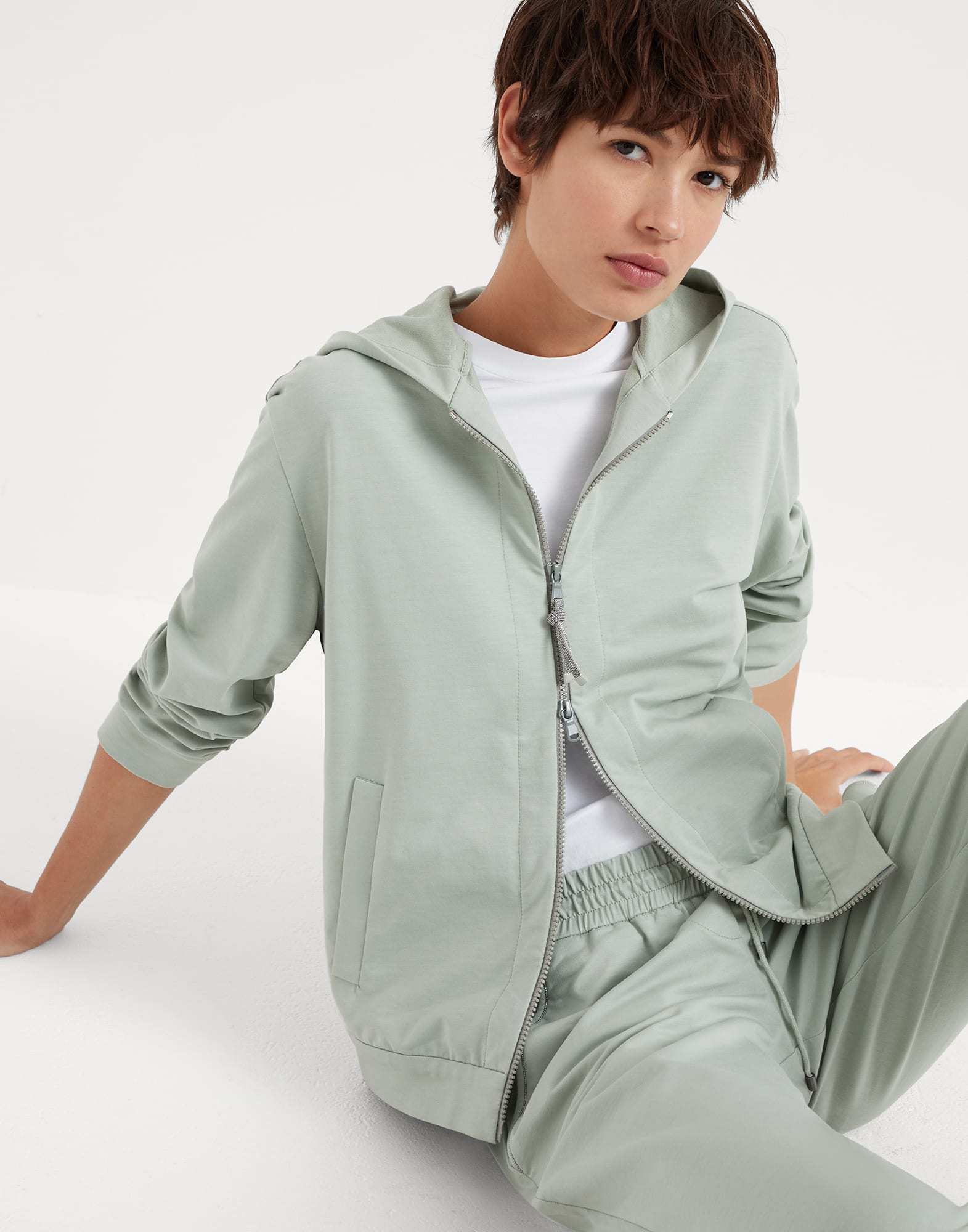 Brunello Cucinelli Lightweight French Terry Zip-up Hoodie In Green
