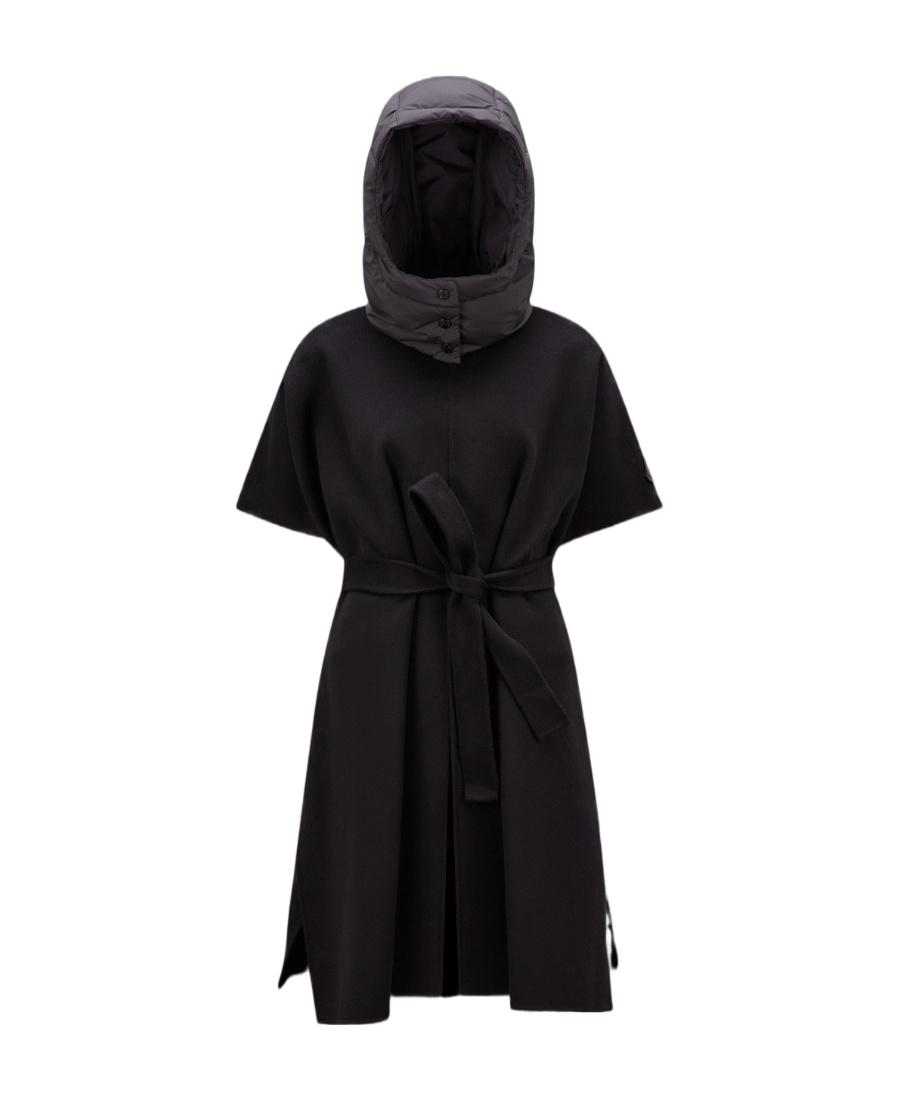 Moncler Hooded Logo Wool Cloak In Black