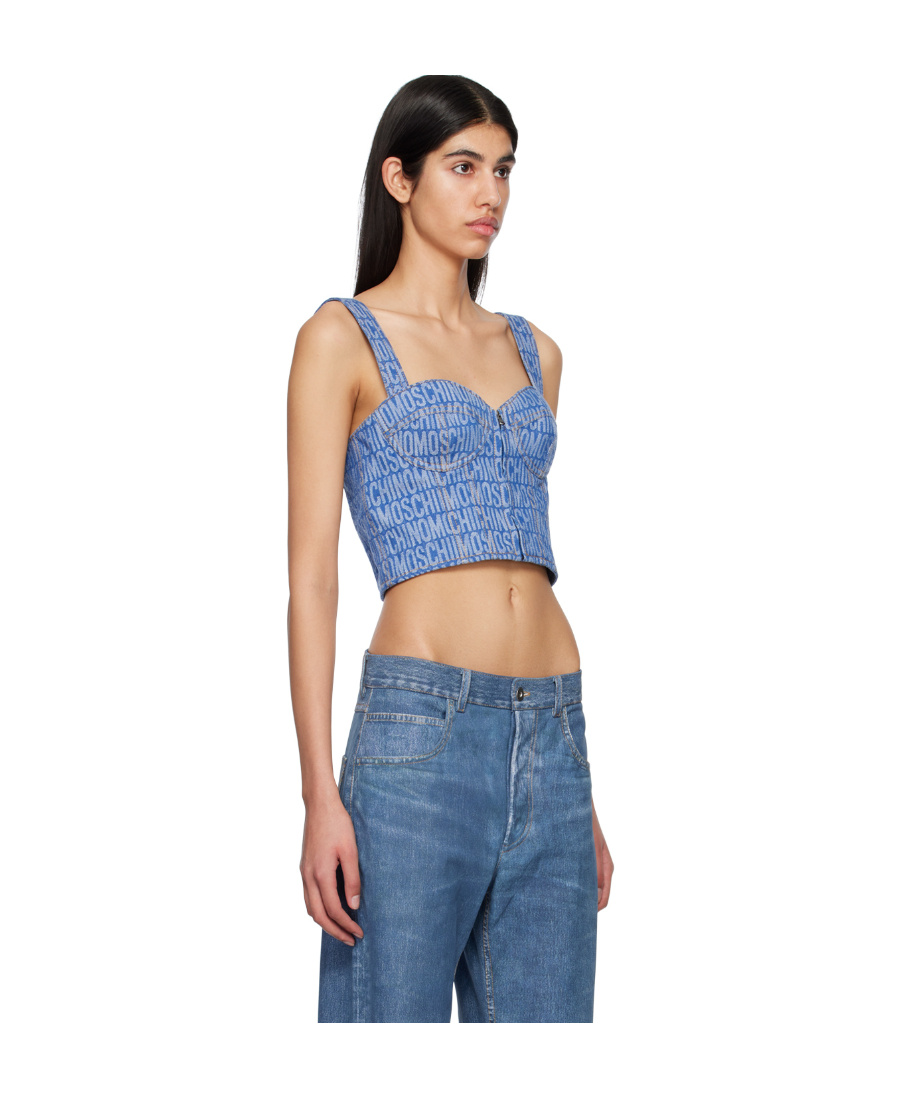 Moschino Ladies Fantasy Print Blue Monogram Denim Cropped Top In Blue