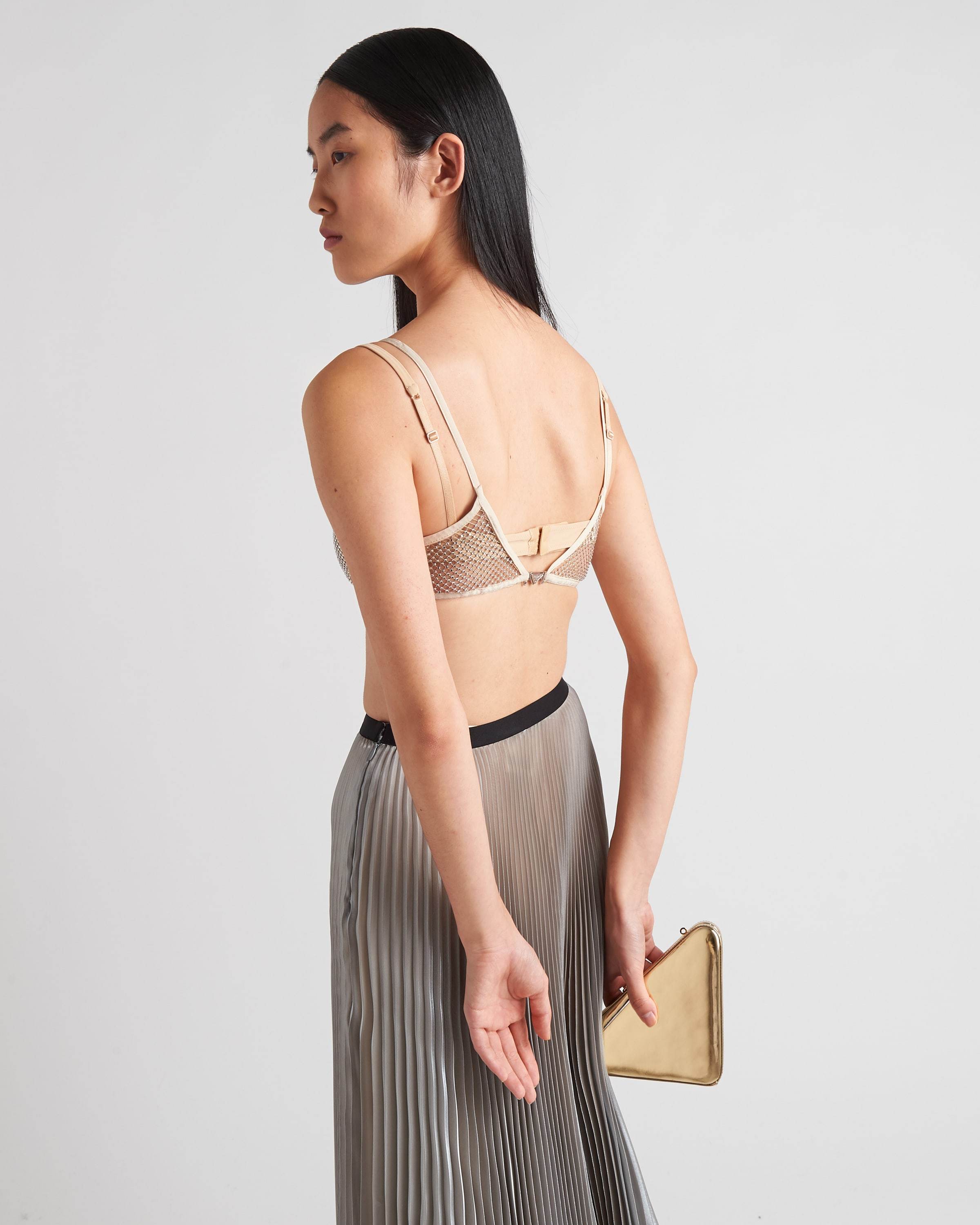 Prada Embroidered Rhinestone Mesh Bra Top In White