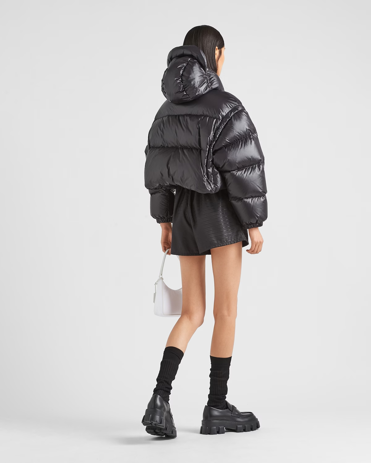 Prada Womens Black Logo-plaque Padded Cropped Shell-down Jacket In Black