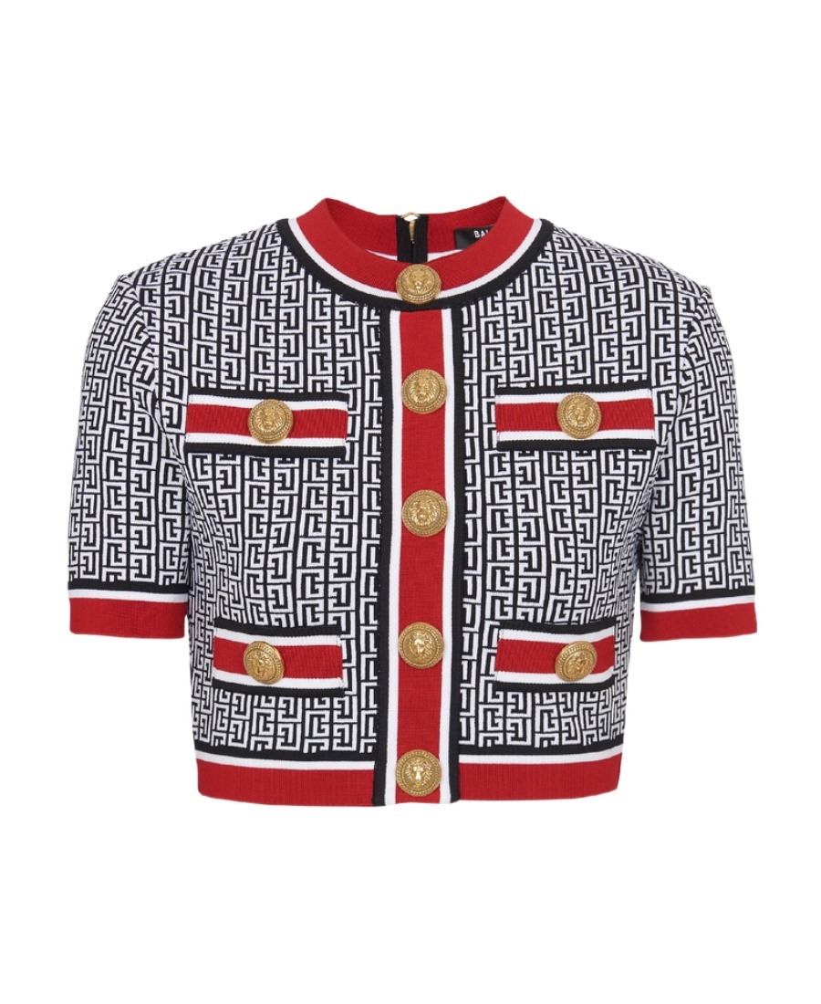 Balmain Monogram Jacquard Short Sleeve Crop Sweater In Black