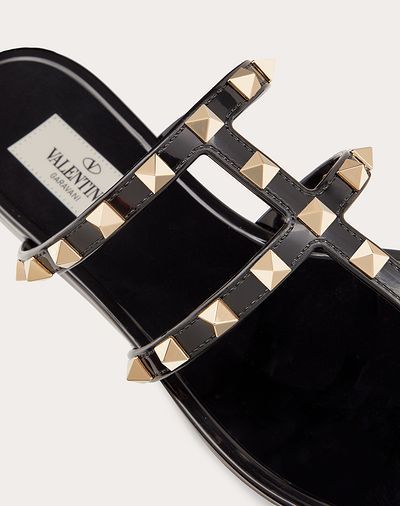 Valentino Rockstud T-strap Flat Slide Sandals In Black