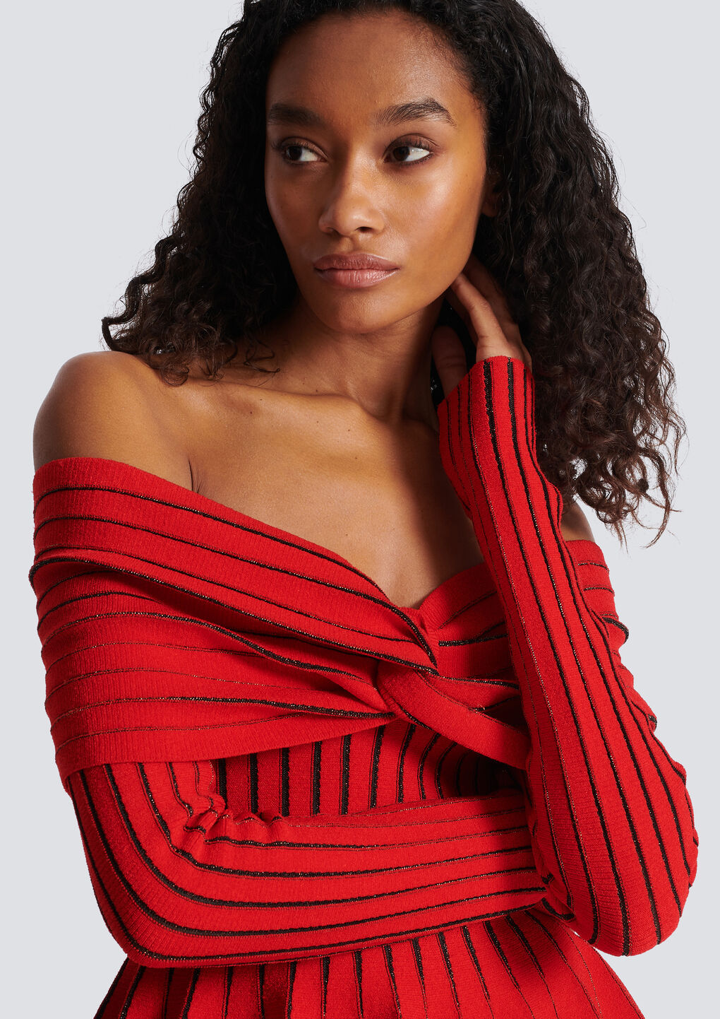 Balmain Off-shoulder Knit Top With Knotted Detail In Red