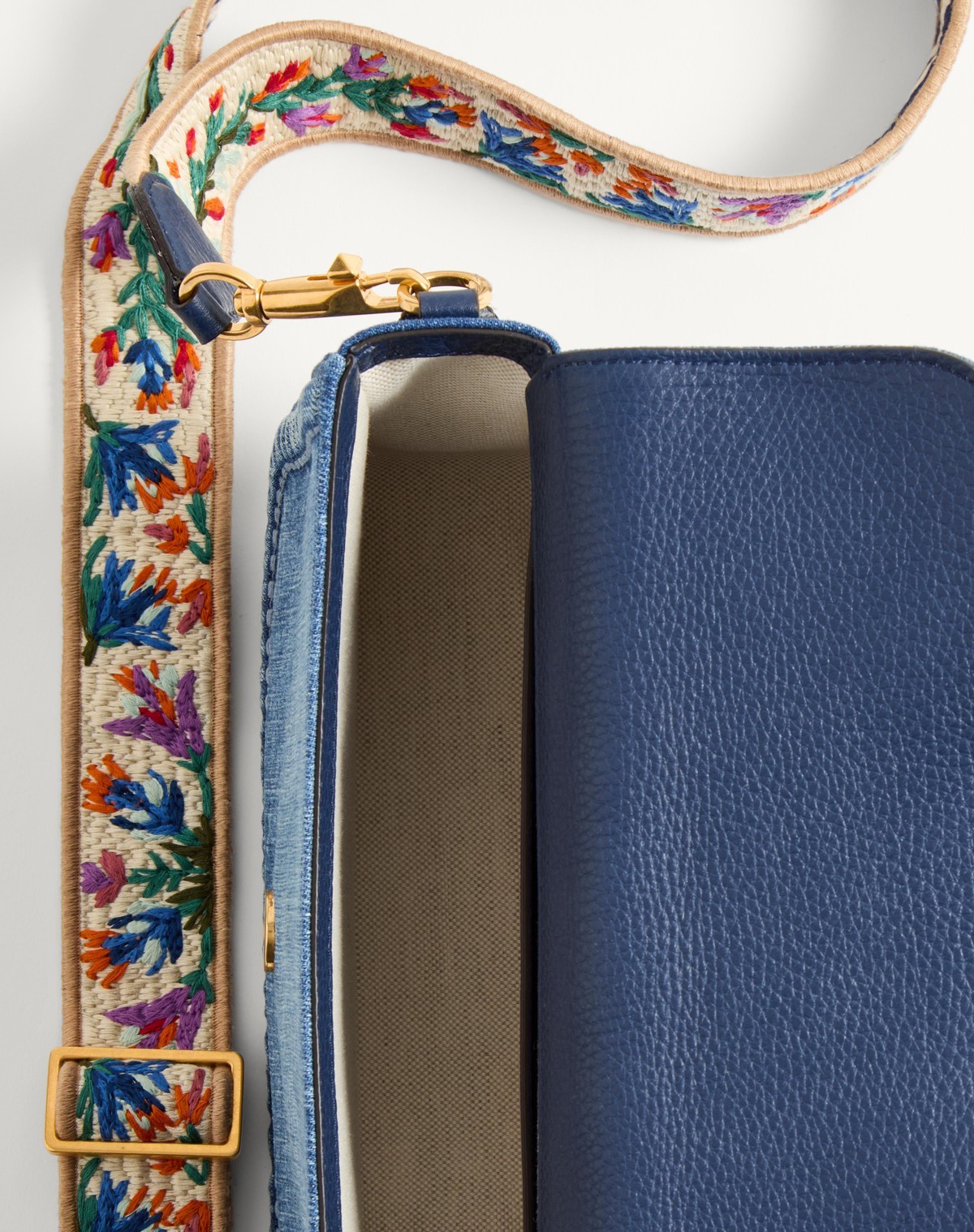 Shop Valentino Garavani Alltime Denim Shoulder Bag With Embroidered Ribbon Strap In Blue