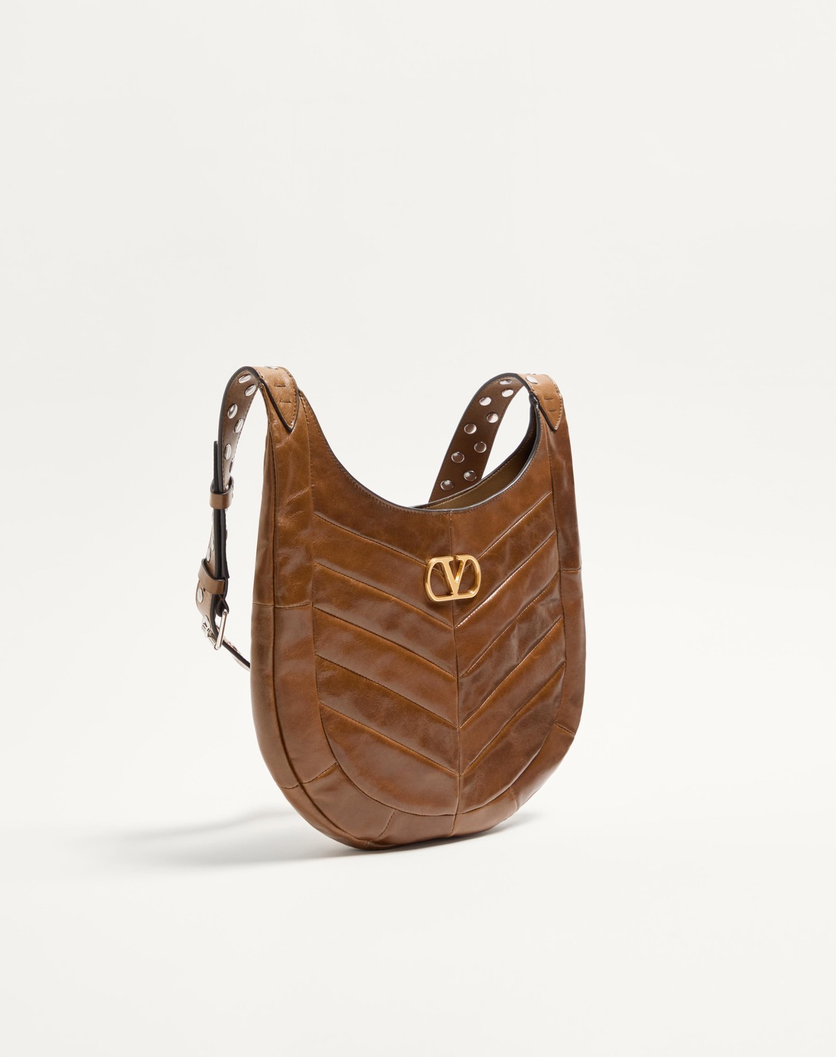 Valentino Garavani  Garavani Hoboho Small Hobo Bag In Chevron-patterned Nappa Leather Woman In Brown