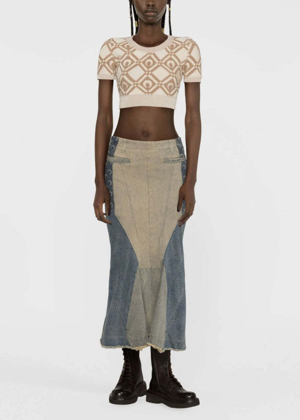 Marine Serre Regenerated Denim Flared Midi Skirt In Nude
