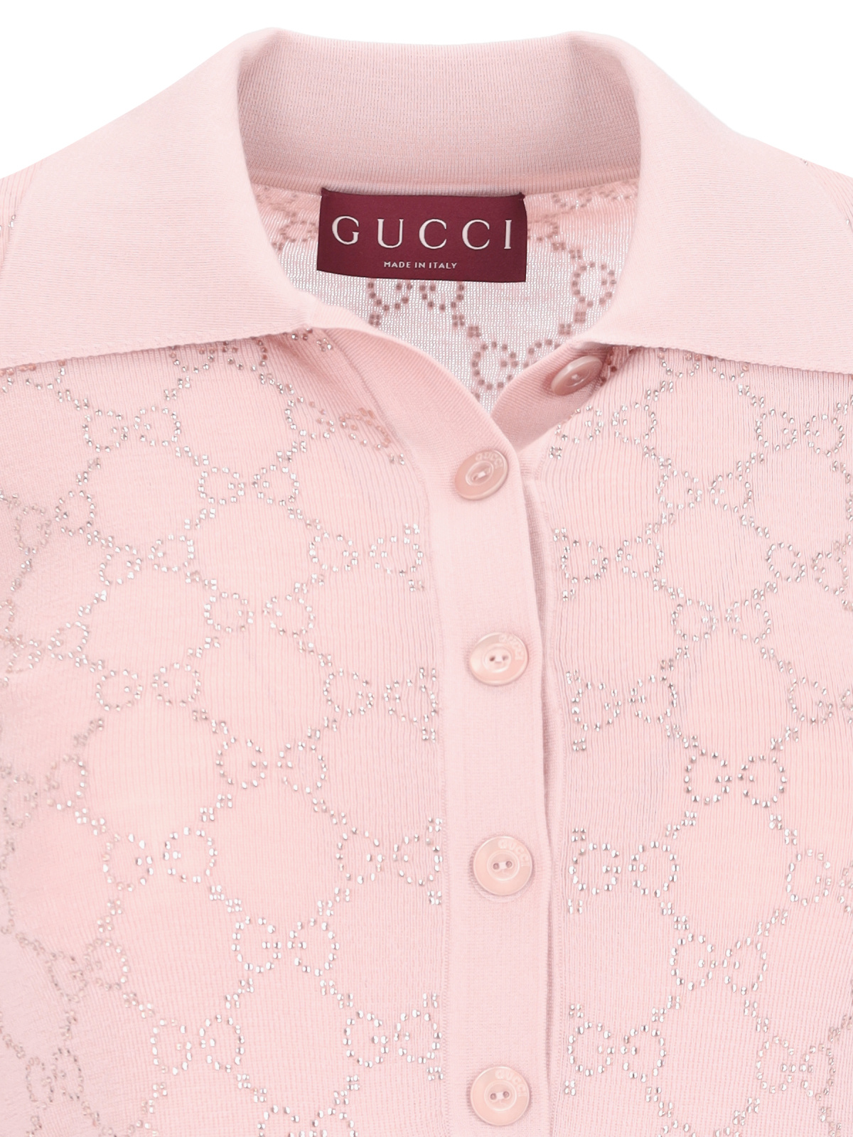 Gucci "gg Crystal" Knit Polo Shirt In Nude & Neutrals