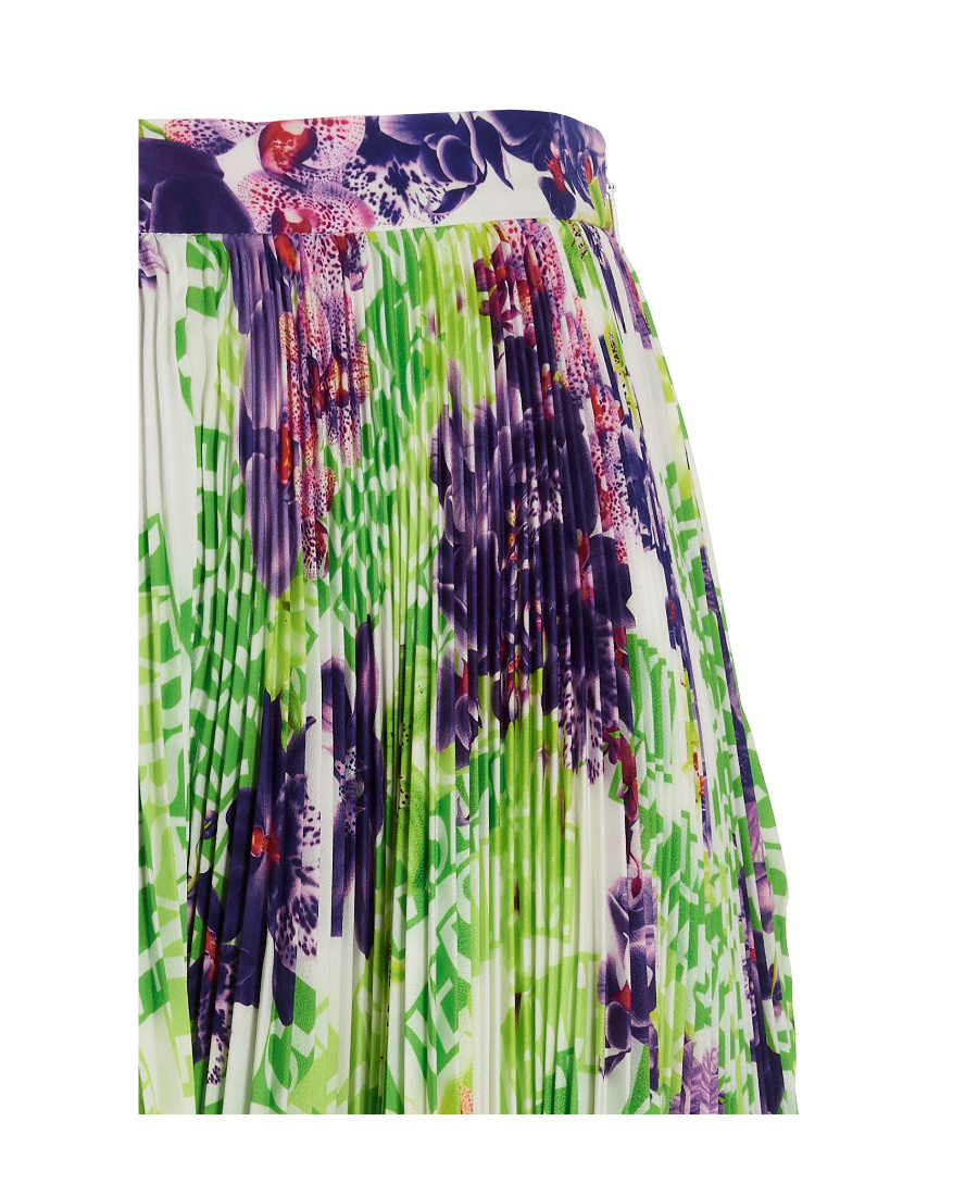 Versace Logo Orchid-print Pleated Asymmetric Skirt In Green