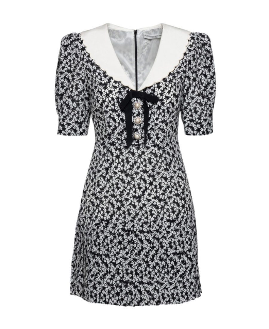 Alessandra Rich Floral Print Embroidered Collar Dress In Black