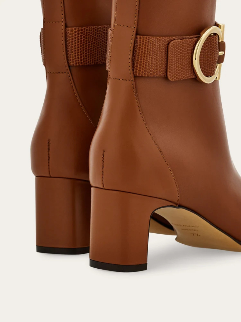 Ferragamo Gancini Ornament Mid Heel Ankle Boot In Orange