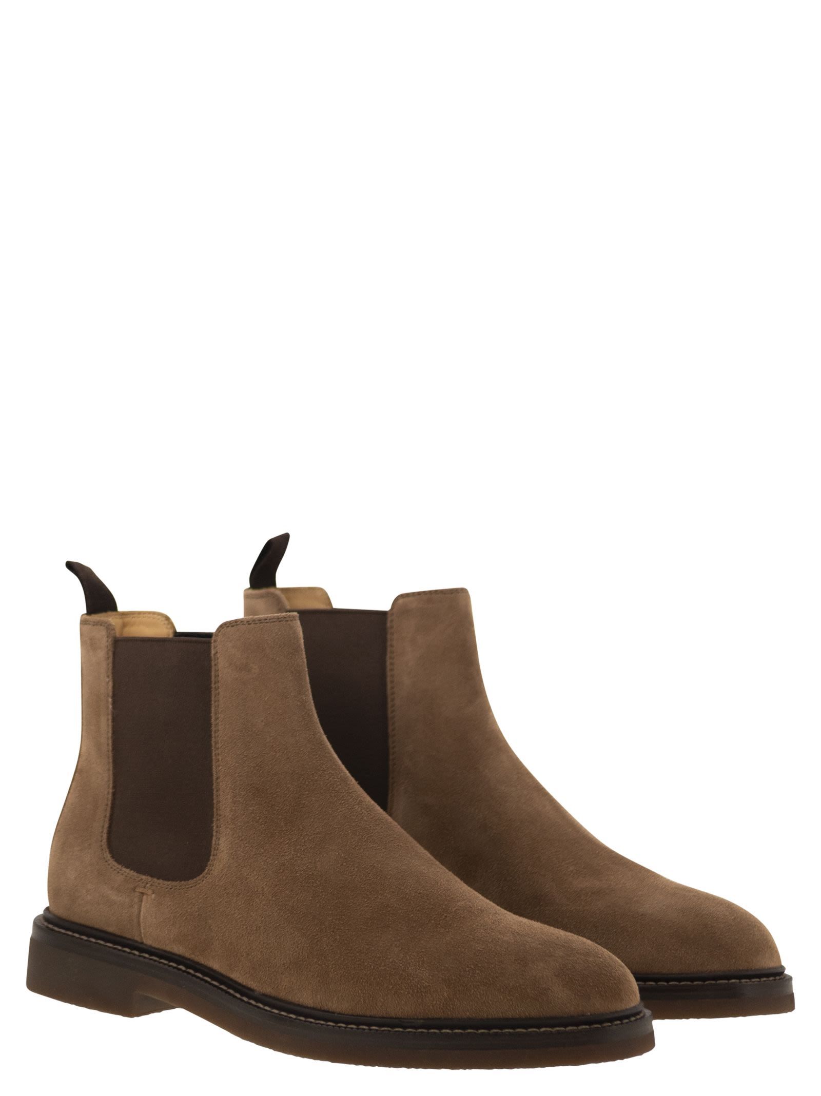 Brunello Cucinelli Mens Dark Brown Chunky-sole Pull-tab Suede Chelsea Boots In Brown