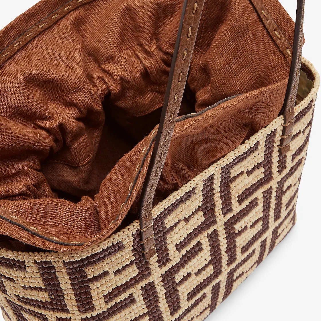 Fendi Brown Ff Raffia Crochet Shopper With Pouch In Brown