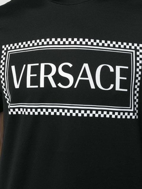 Shop Versace Logo Check Print Cotton T Shirt In Black