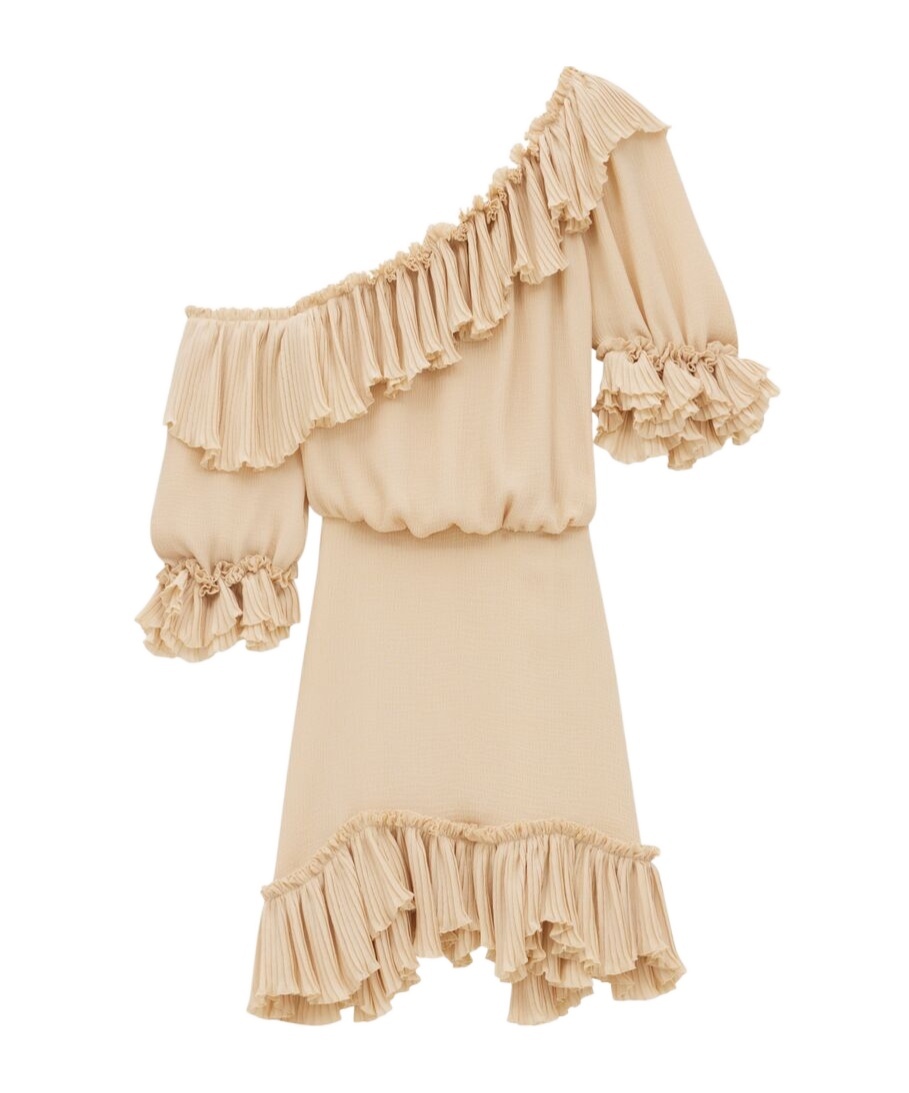 Saint Laurent Beige One-shoulder Dress With Asymmetric Neckline And Poet Sleeves In Silk Woman In Nude