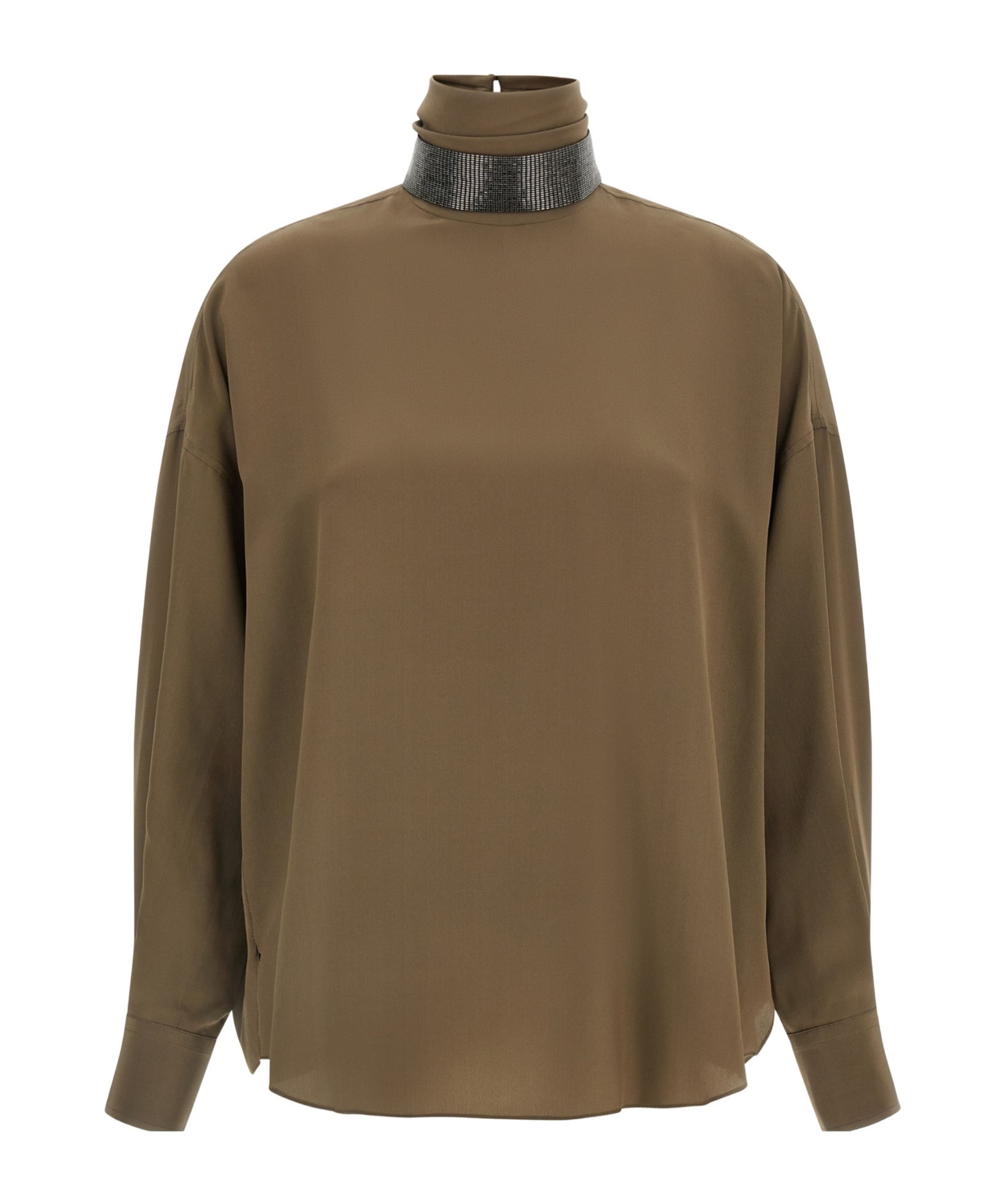 Brunello Cucinelli Silk Blouse With High Collar And Keyhole Back In Brown