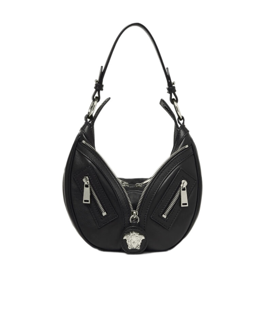 Versace Mini Hobo Leather Shoulder Bag In Black