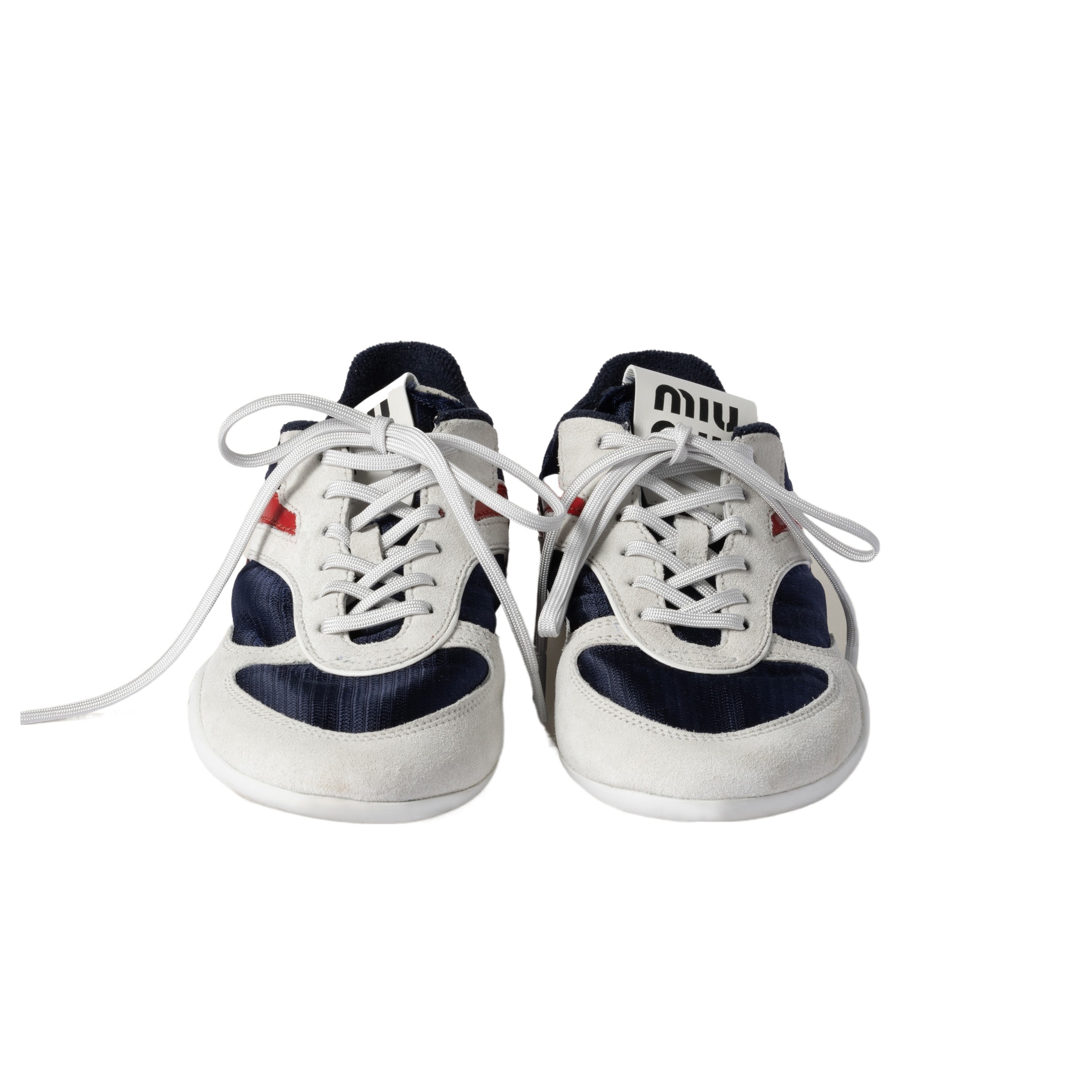 Miu Miu Logo-patch Sneakers In Baltic Sea Blue/amaranth Red
