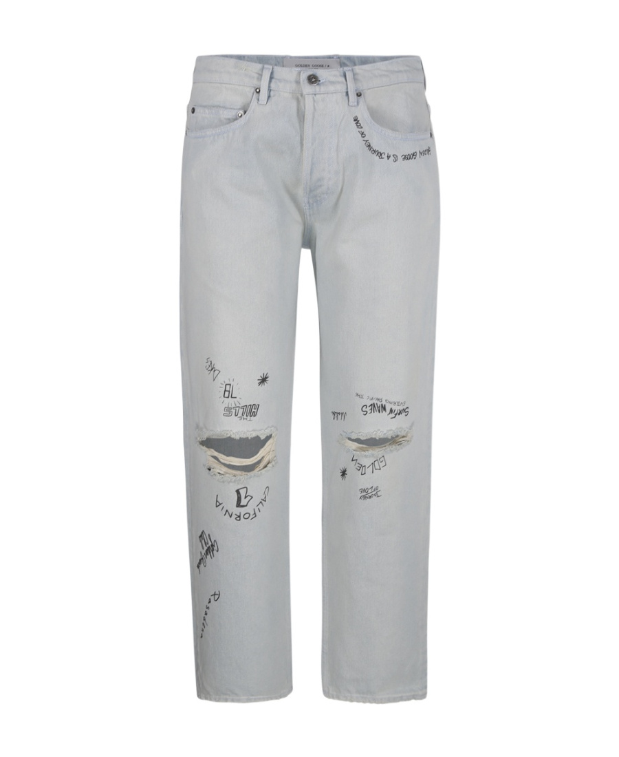 Golden Goose Distressed-effect Text-print Straight-leg Jeans In Gray