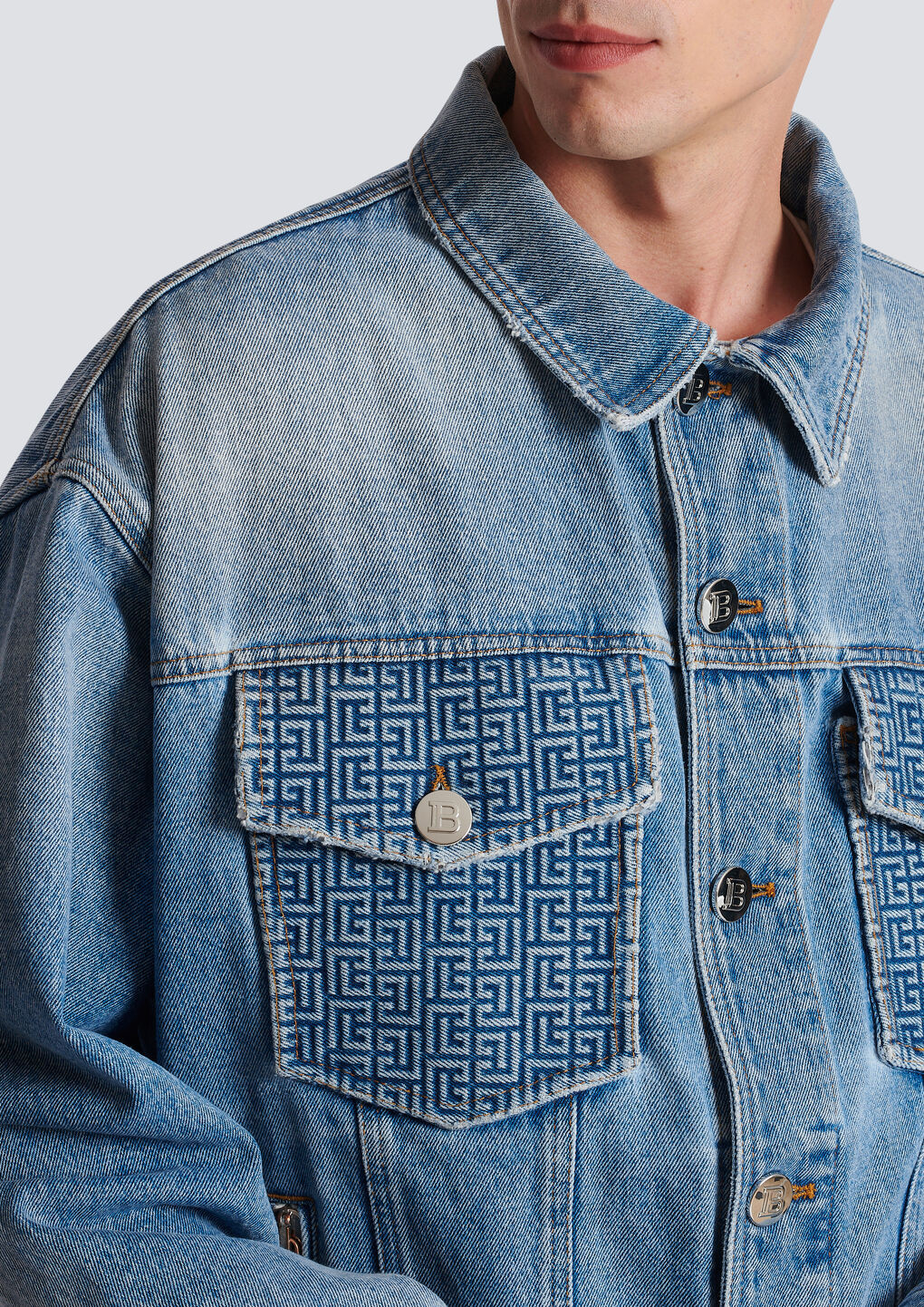 Shop Balmain Denim Jacket With Logo In Blue
