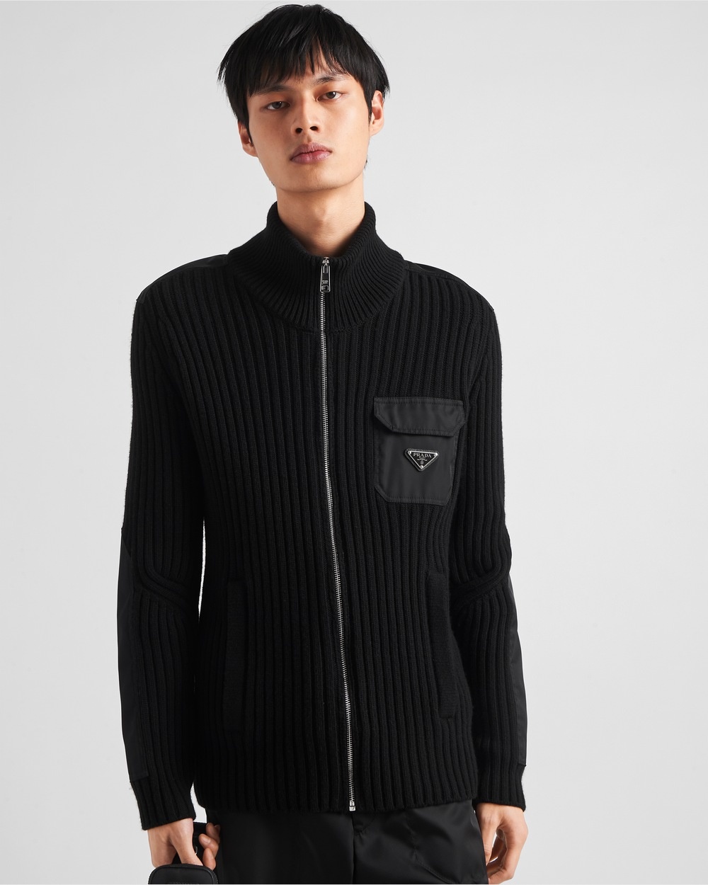 Prada Wool And Cashmere Cardigan With Re-nylon Details In Black