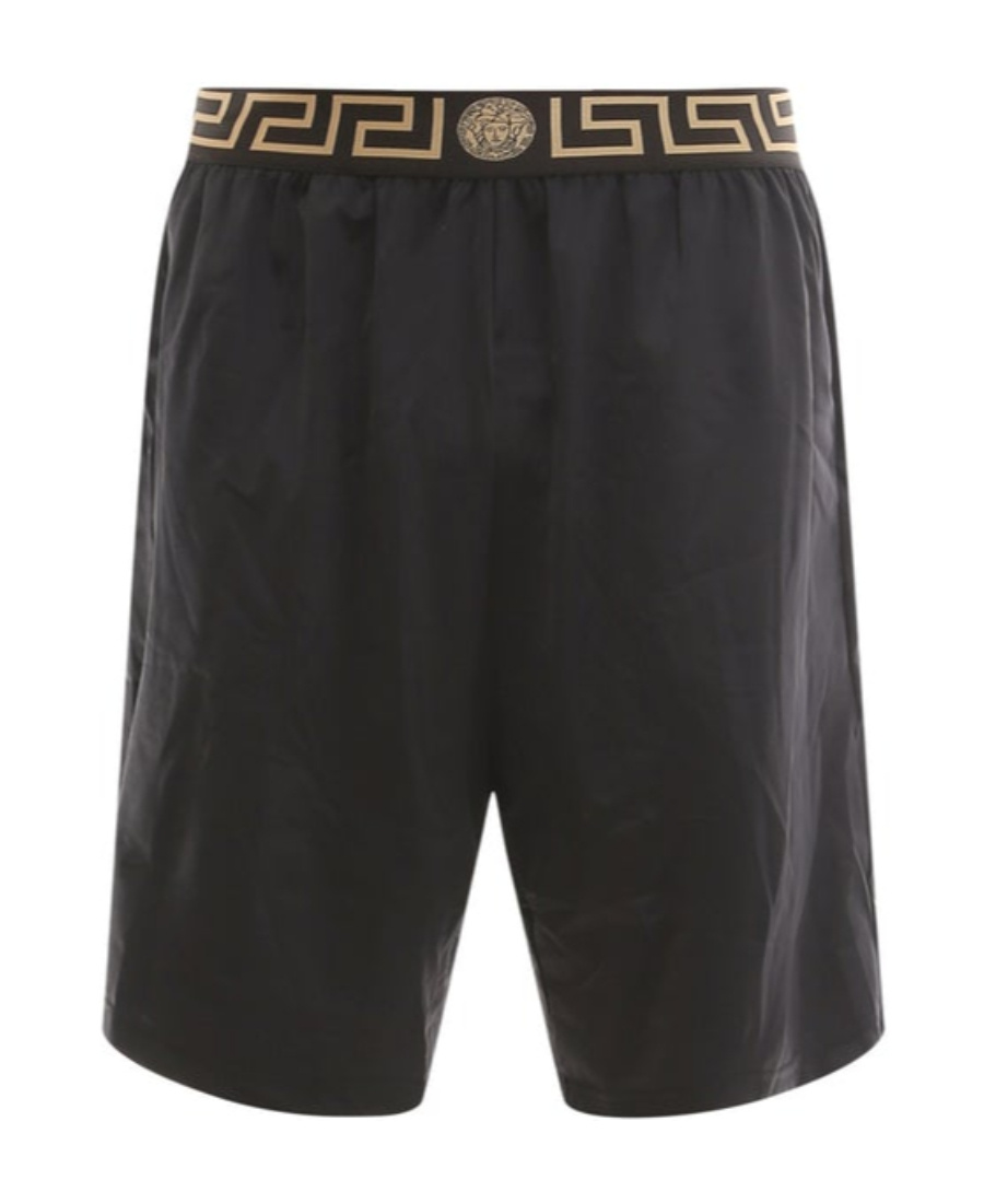 Versace Black Swim Trunks With Greca And Medusa Head Print On Elastic Waistband In Nylon Man In Black
