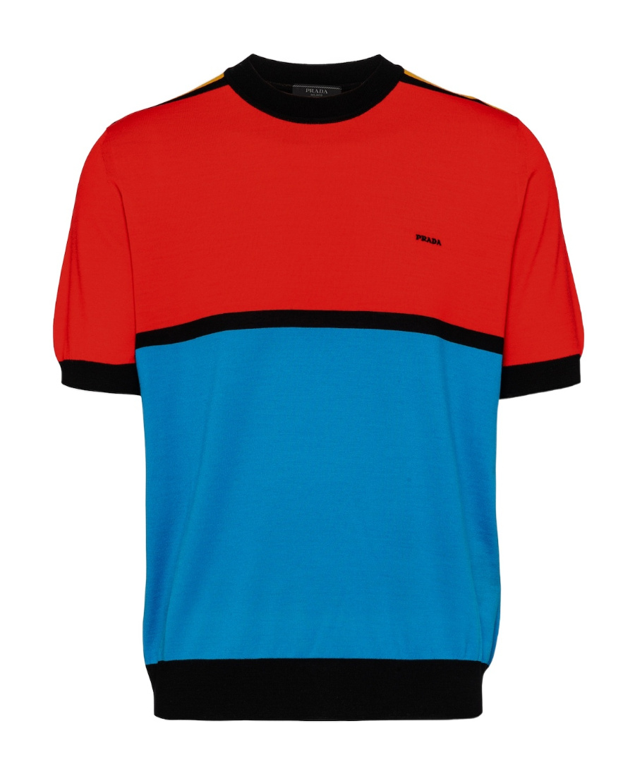 PRADA PRADA COLOUR-BLOCK CREWNECK KNITTED T-SHIRT