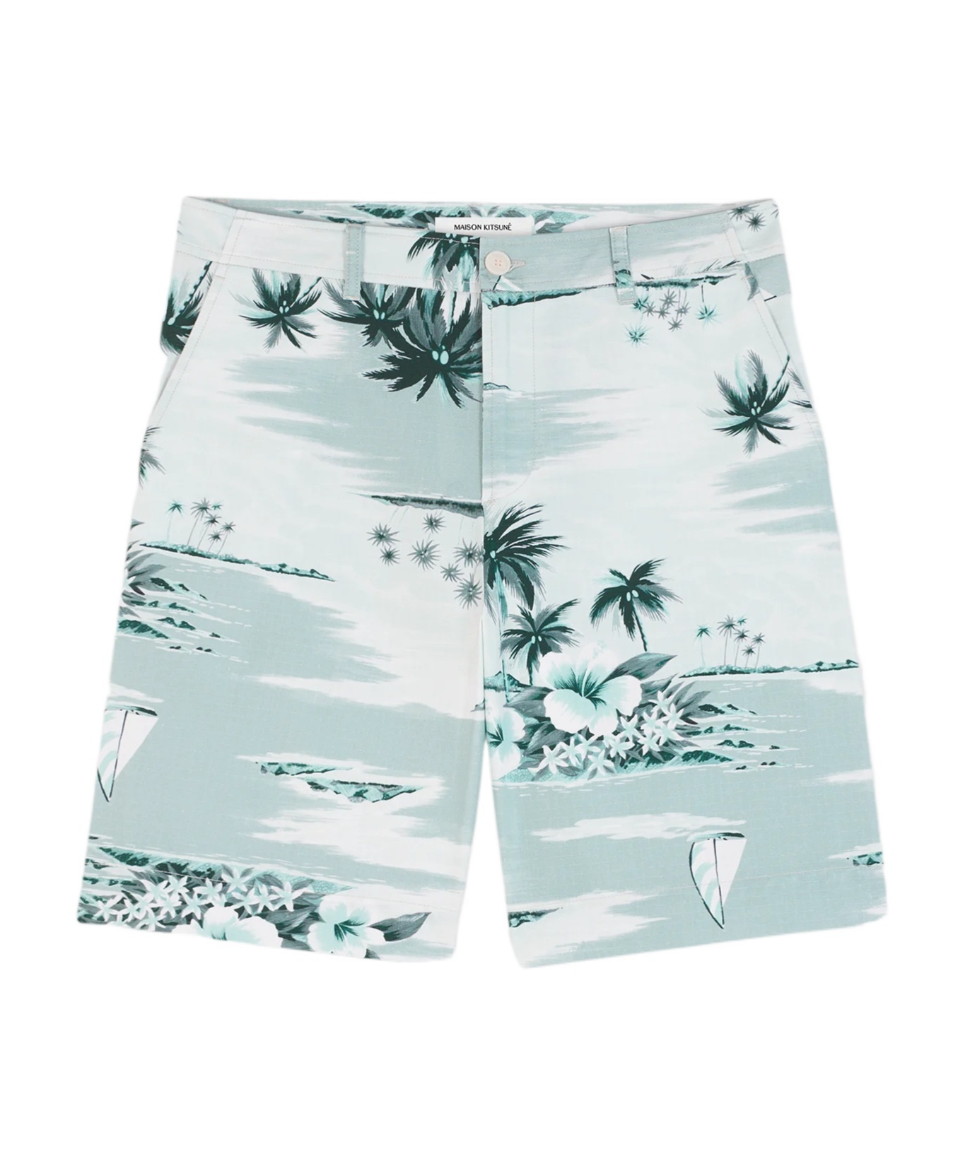 Shop Maison Kitsuné Hawaiian Landscape-print Deck Shorts In White