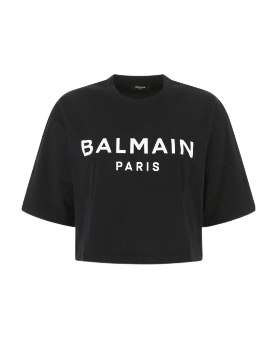 Shop Balmain Eco-responsible Cropped Cotton T-shirt With Logo Print In Black