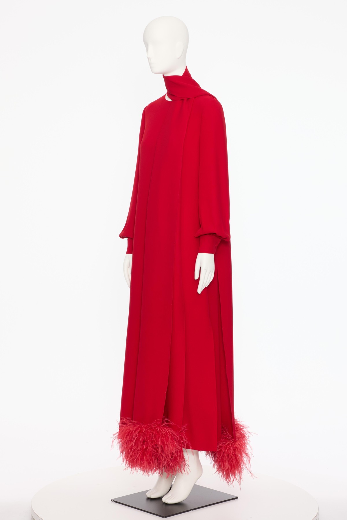 Valentino Maxi Silk Dress With Removable Scarf And Feather Details In Red