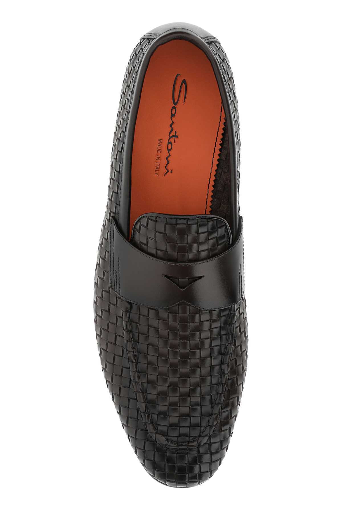 Santoni Gwendal Loafers Leather Sole Round Toe Woven Texture In Black
