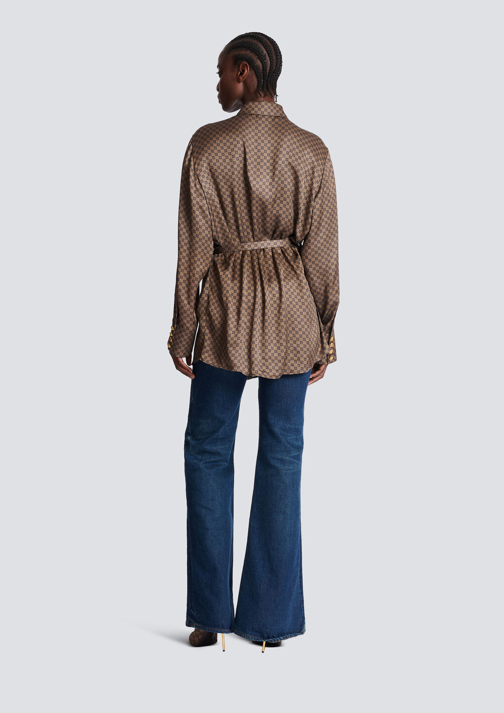 Balmain Silk Shirt With A Mini Monogram Print In Brown