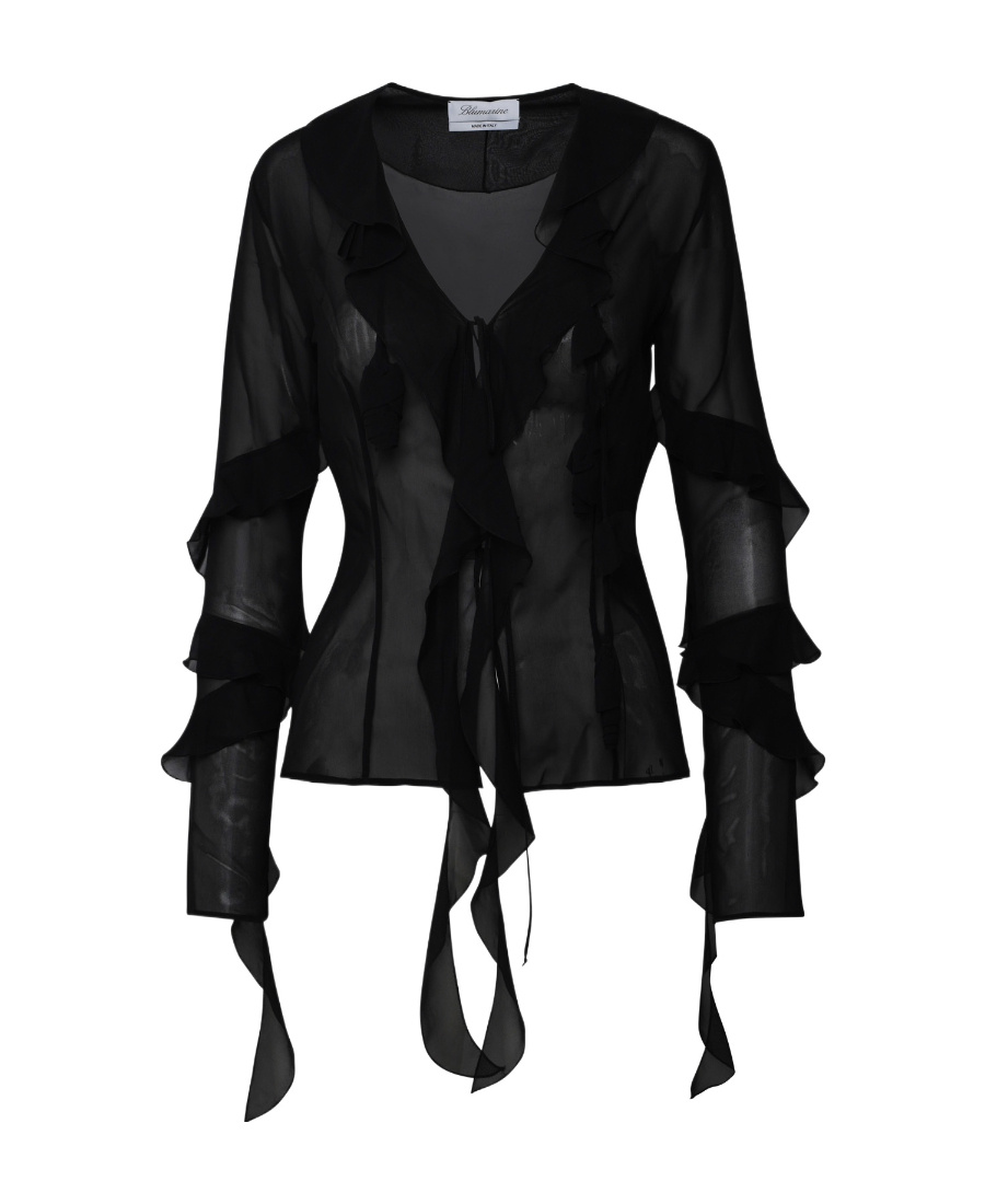 Blumarine Ruffled Sheer Silk Blouse In Black