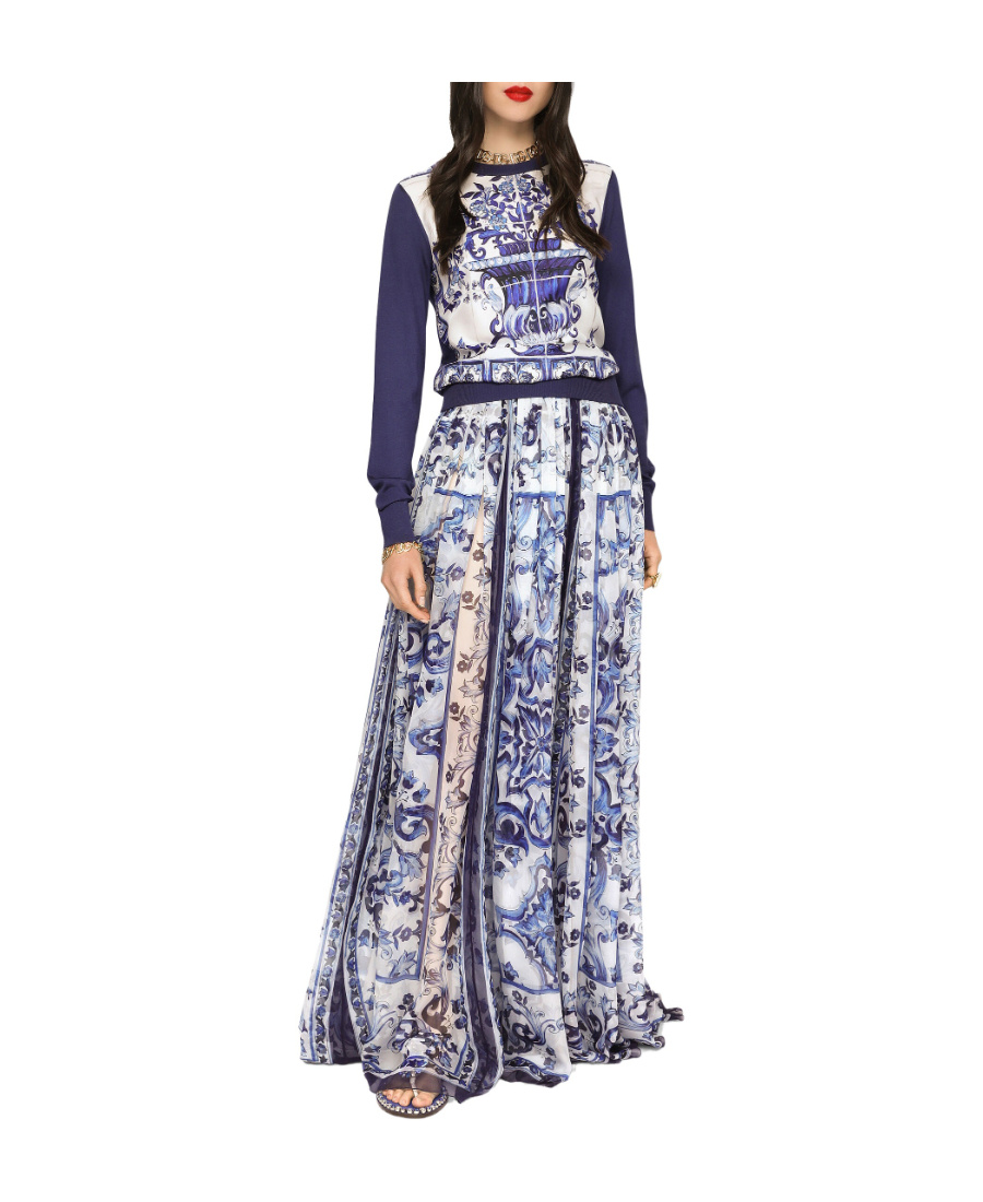 Dolce & Gabbana Printed Silk Crewneck Sweater In Blue