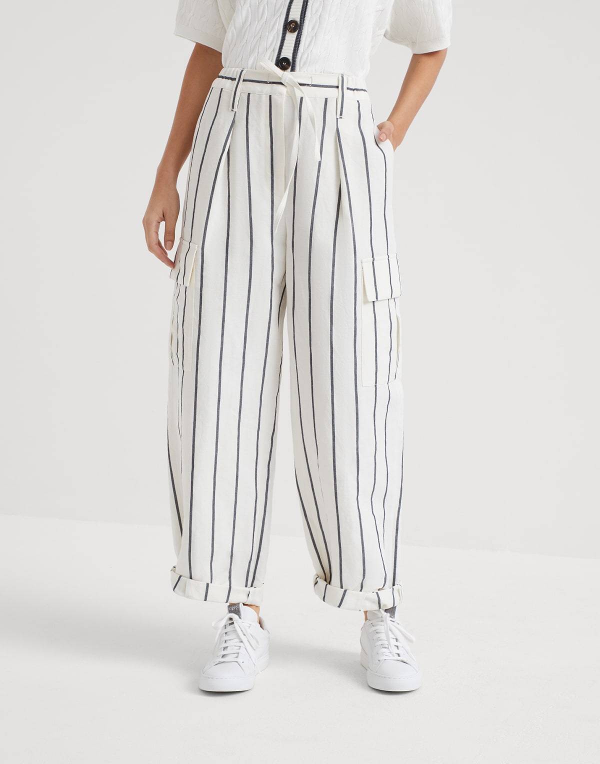 Brunello Cucinelli Striped Tapered Trousers In White