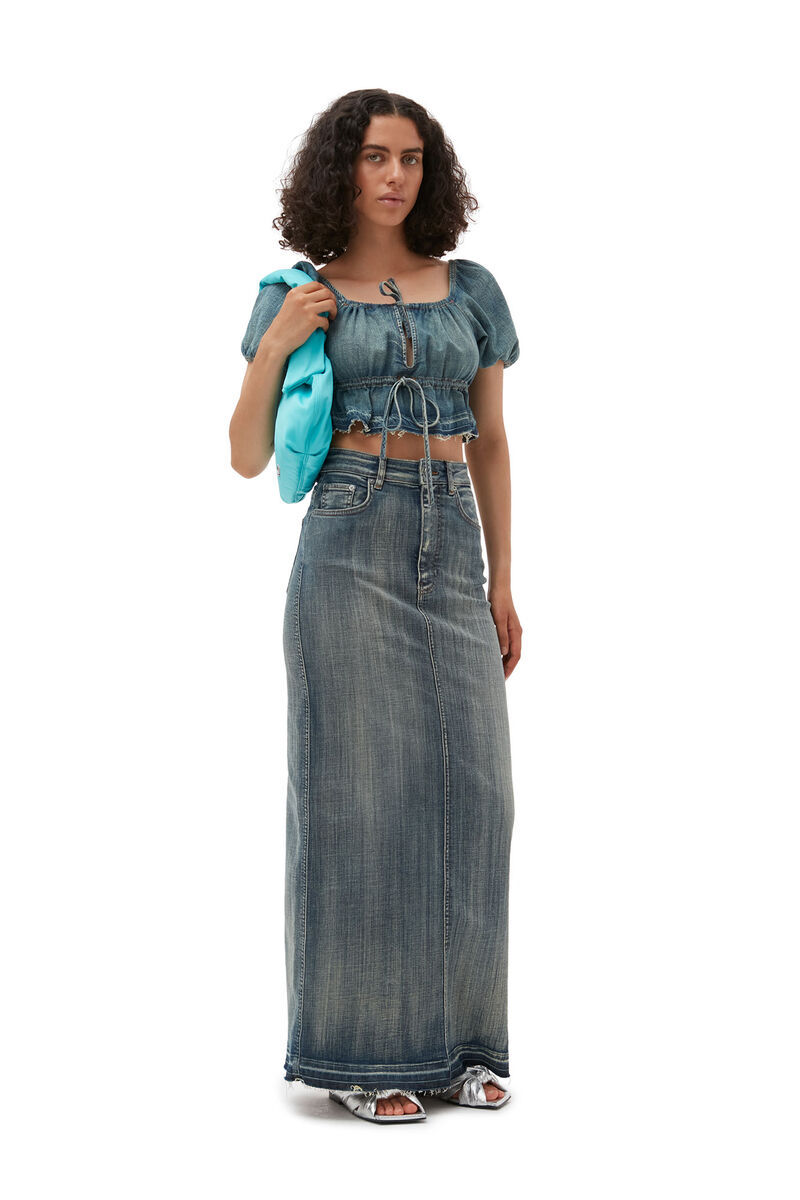 GANNI TINT EDGE DENIM PUFF SLEEVE TOP