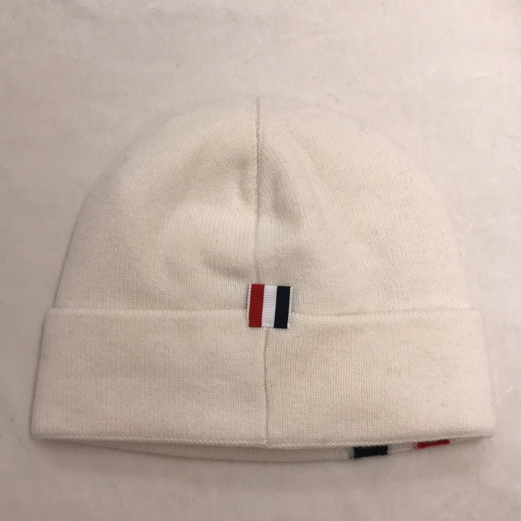 Thom Browne Stripe Detail Merino Beanie In White