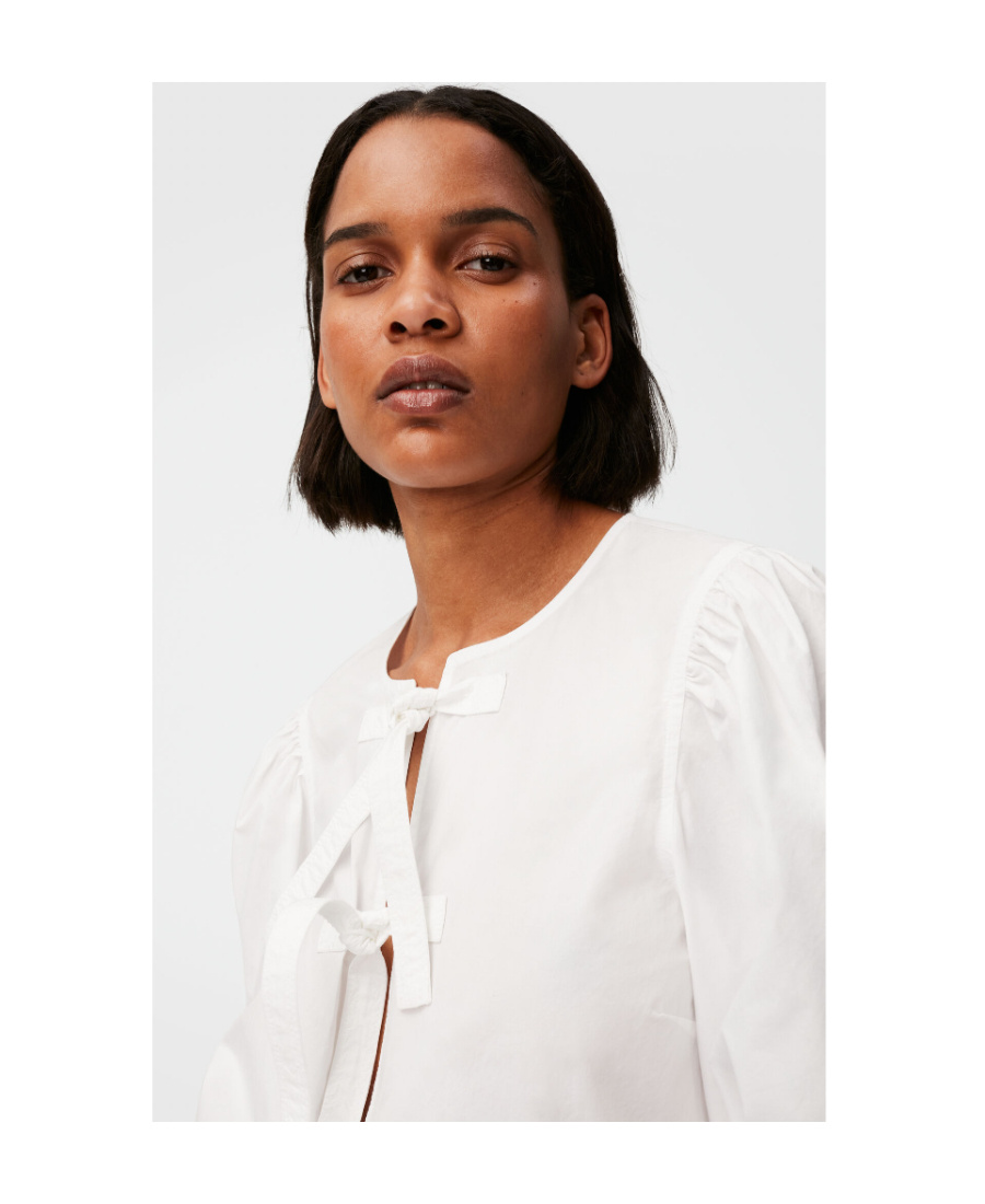 Ganni Womens Bright White Tie Strap Puffed-sleeves Stretch-cotton Blouse