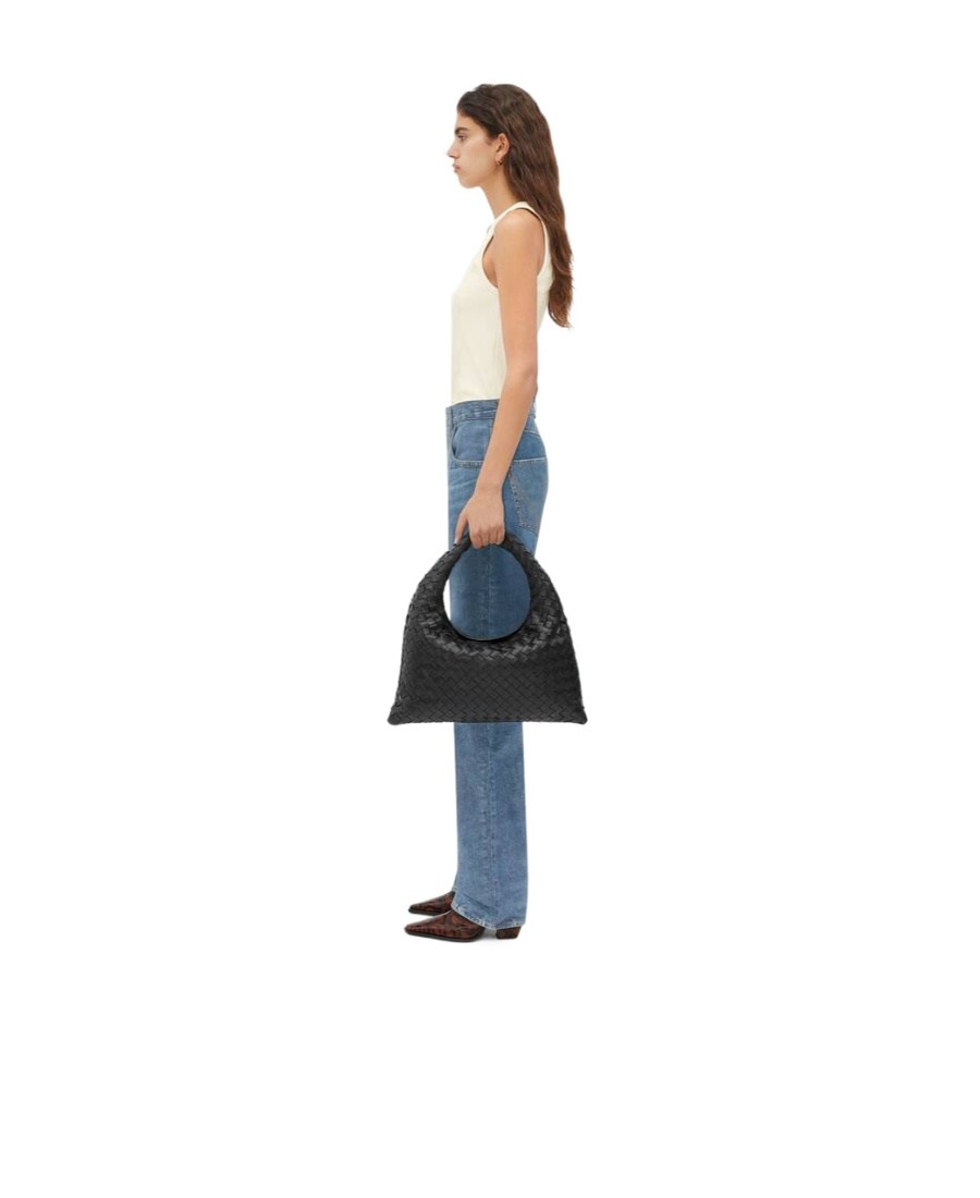 Shop Bottega Veneta Small Hop Leather Tote Bag In Black