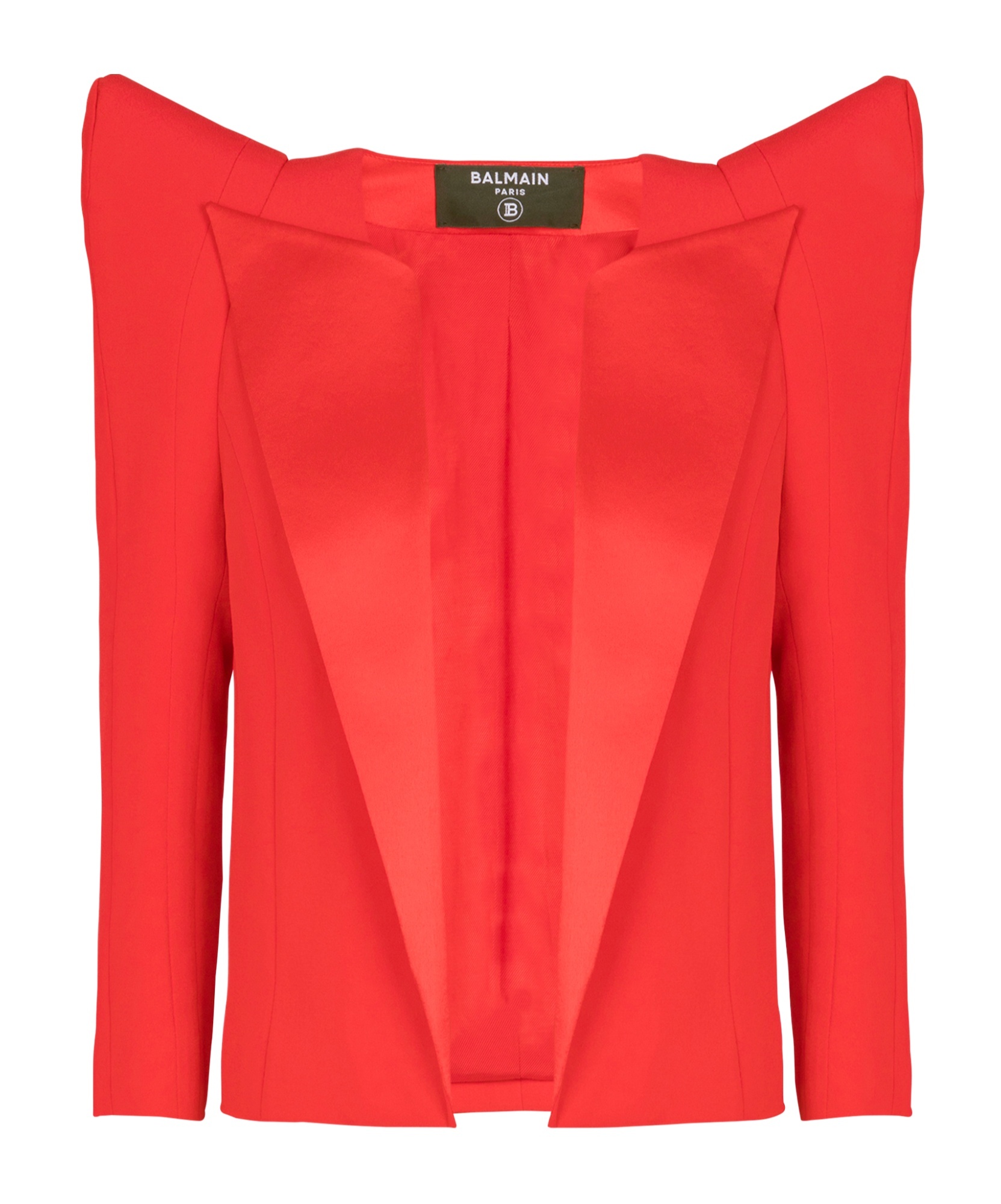 Shop Balmain Cropped Crepe Jacket With Structured Shoulders In Red