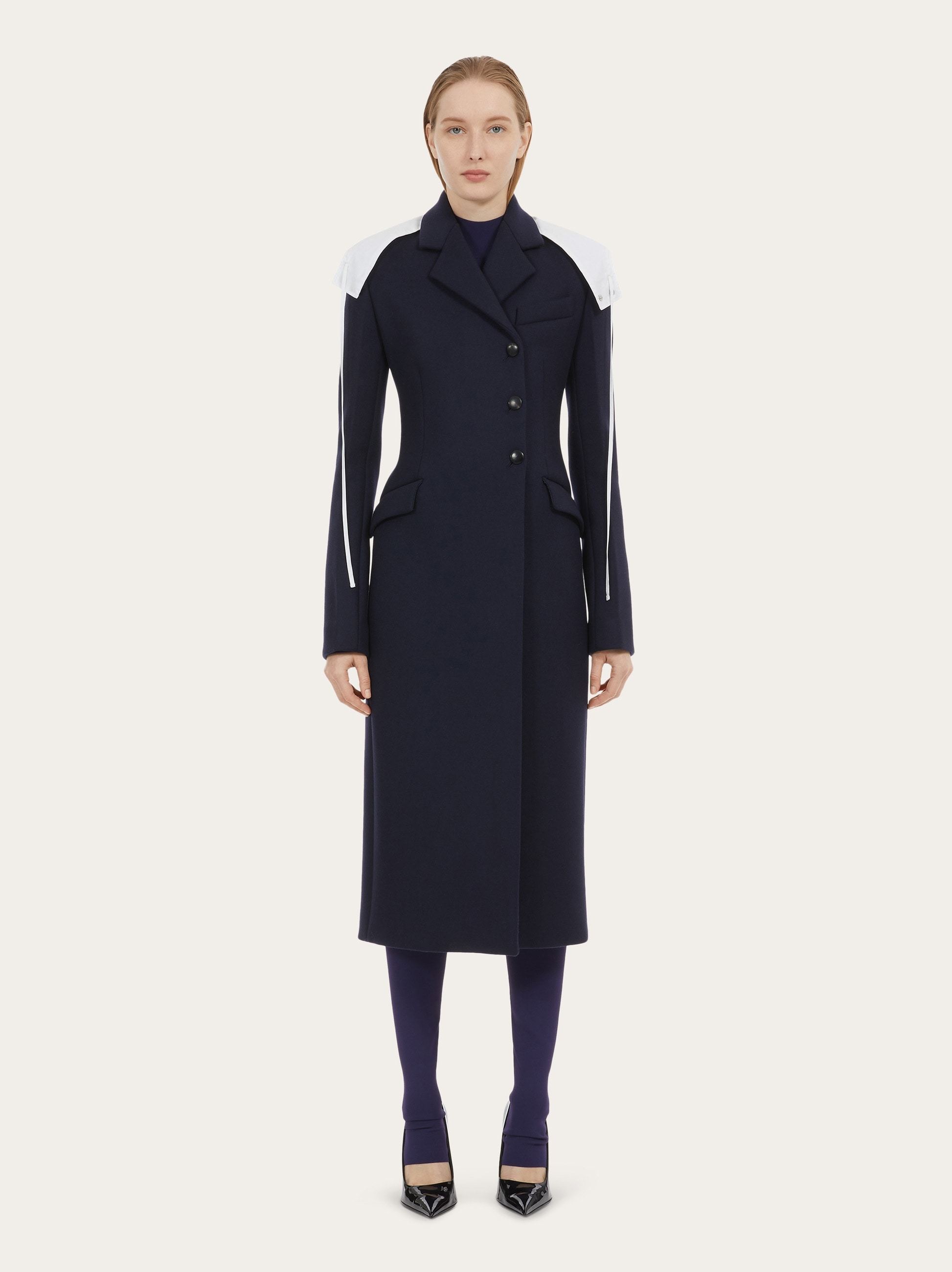 Ferragamo Long Blue Coat With Contrasting Detachable Hood In Wool Woman In Black