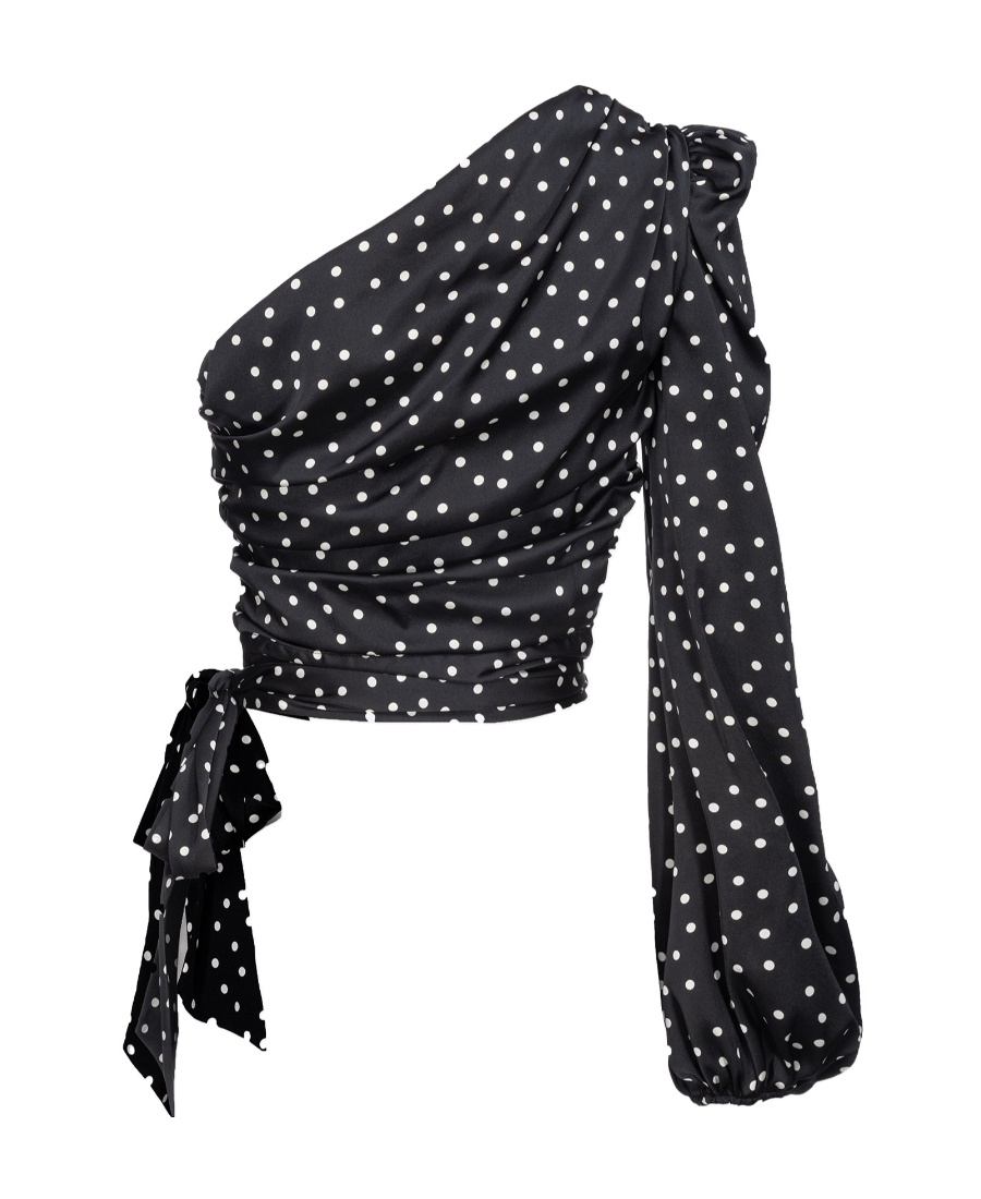 Pinko Thira One-shoulder Polka Dot Satin Blouse In Black