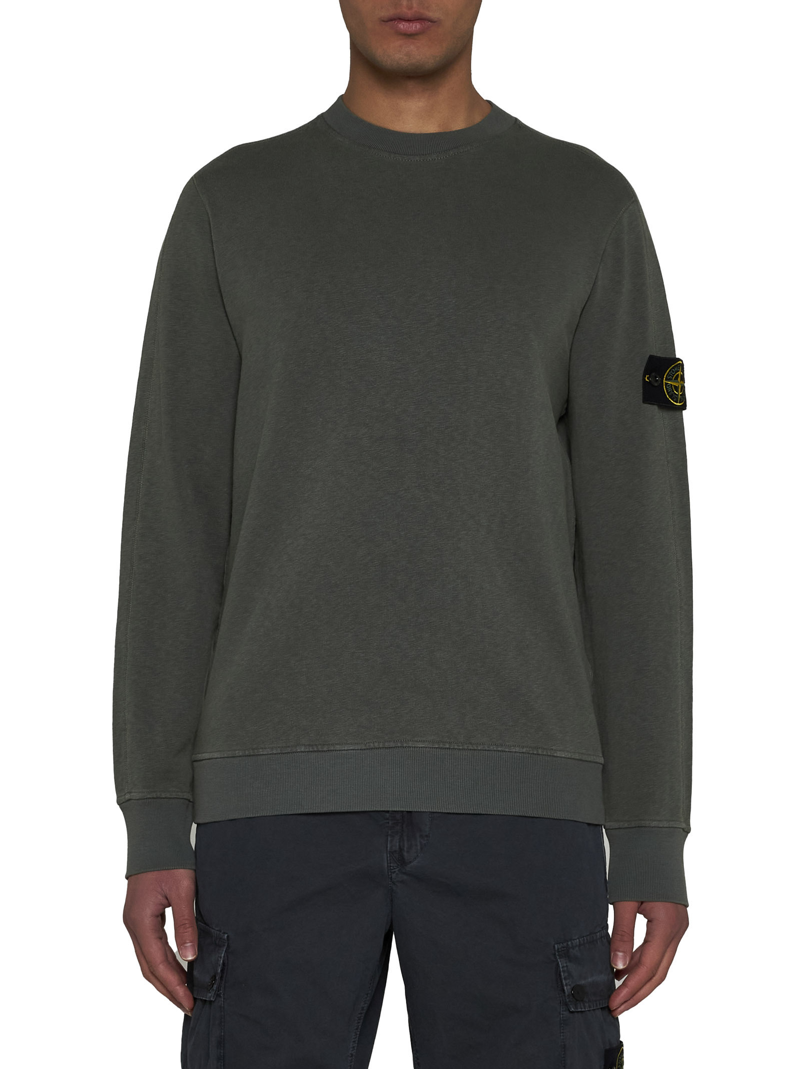 Stone Island Green Crewneck Sweatshirt With Logo Patch On The Sleeve In Cotton Man In Black
