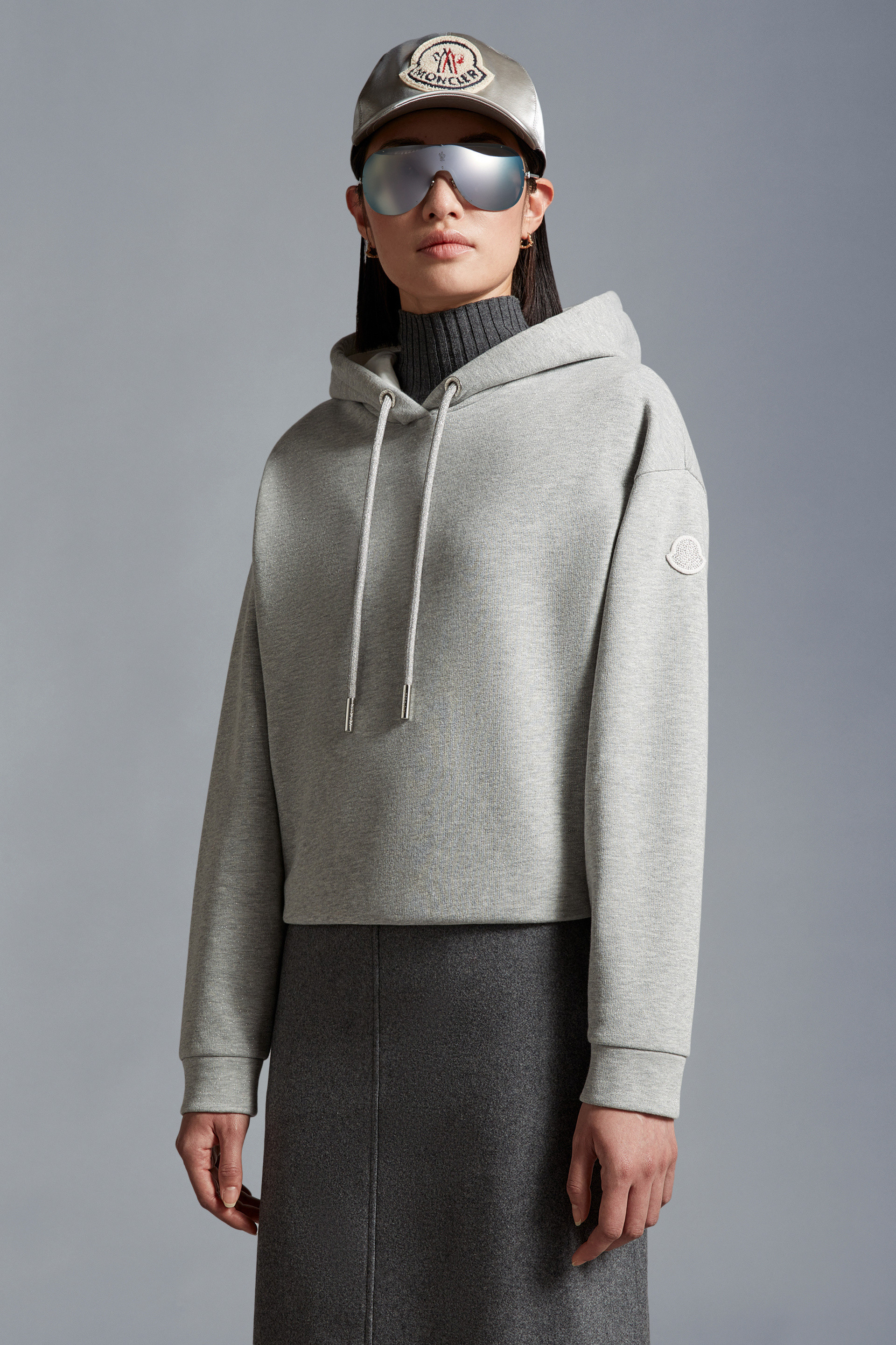 Moncler Logo-patch Cotton Hoodie In Gray