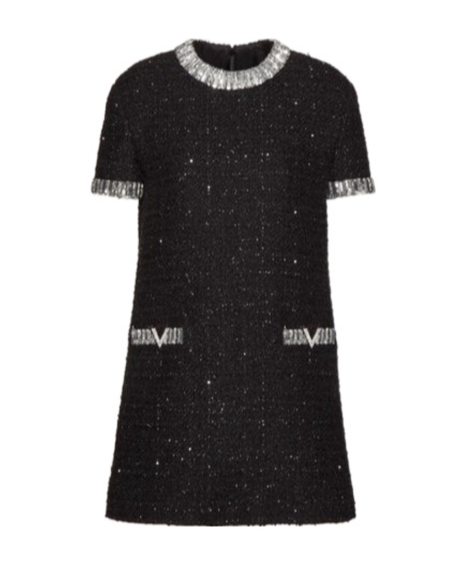 Valentino Tweed Embroidered Mini Dress With Patch Pockets In Black